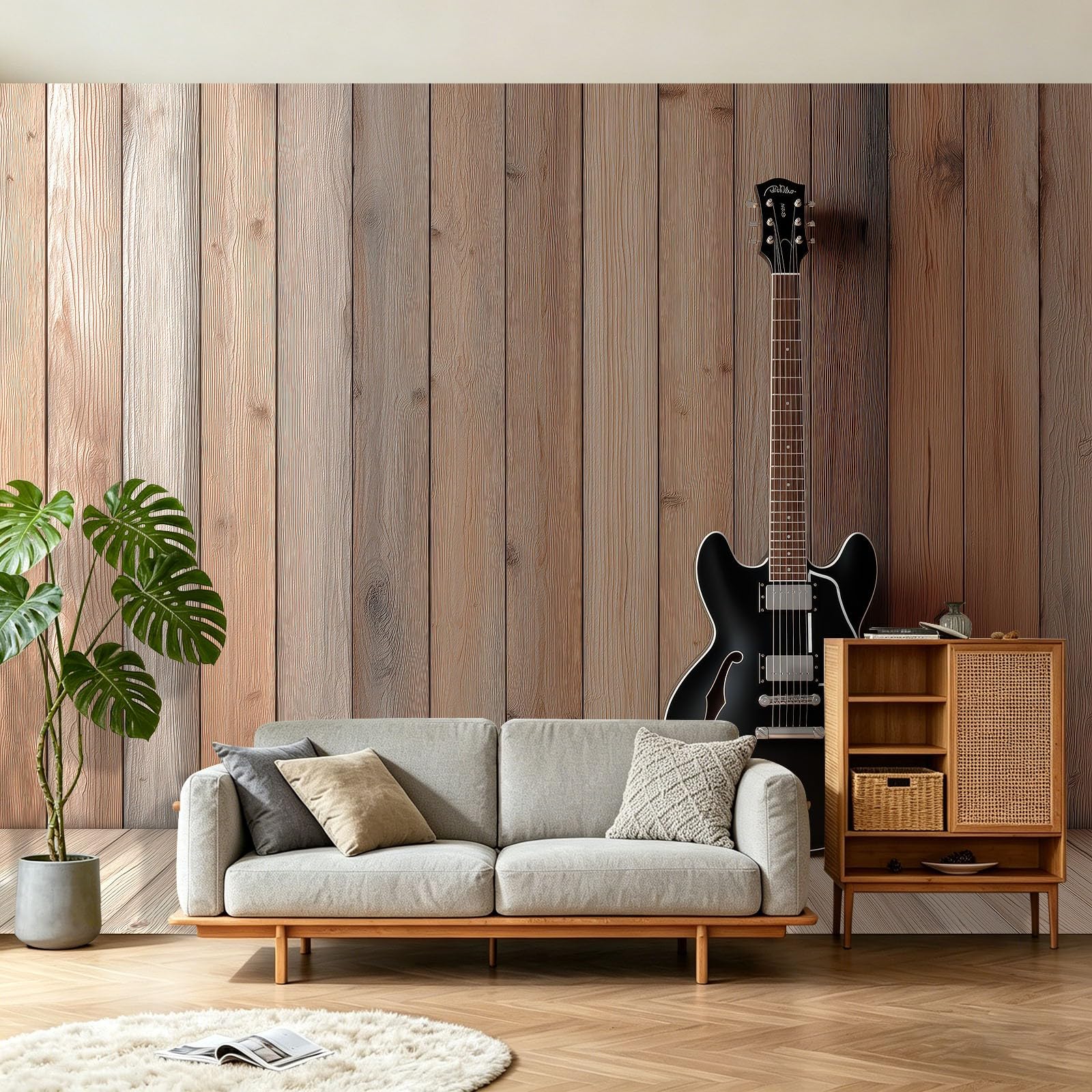 Przemysłowe fototapety Gitara Ściana Drewniane Narzędzie Czarny Kolor Tapeta Włóknina Dekoracja Salon Sypialnia Muzycy, 350 x 256 cm