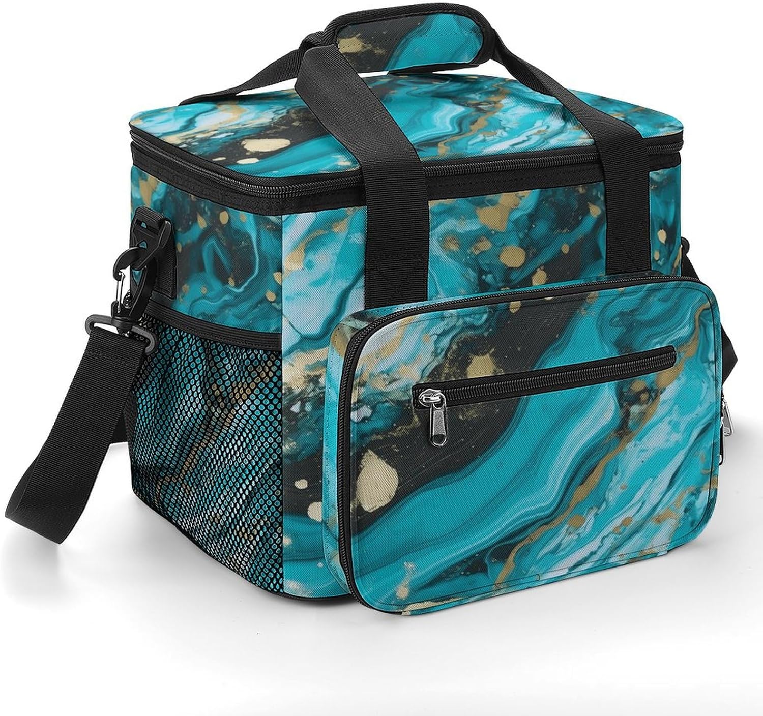 Large-Capacity Oxford Cloth Turquoise Blue Gold Marble Printed Camping Ice Bag, Outdoor Portable Insulation and Cold Storage Bag, Enjoy A Cool Camping Time