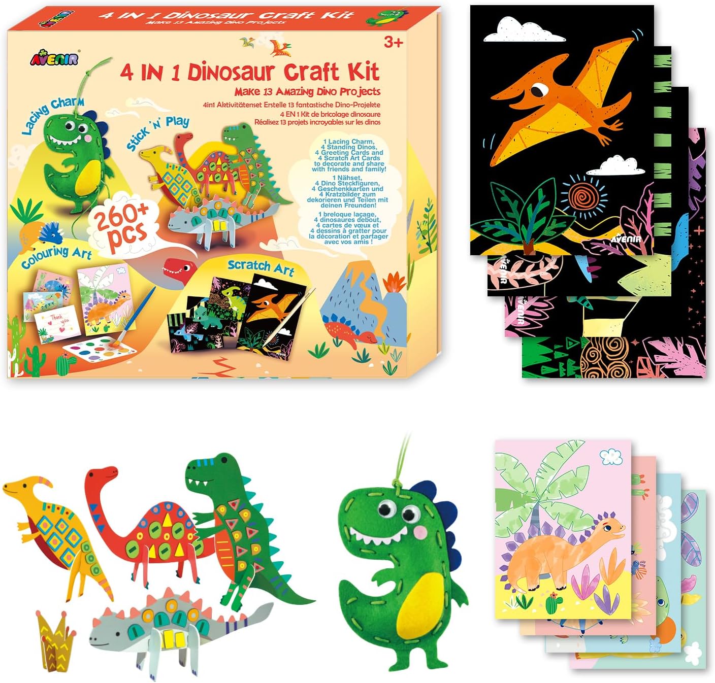 Avenir Dinosaur Craft Activity Kit, Sewing Kit Scratch and Colouring Art Collage for Ages 3+ Kids, Make 13 Amazing Dino Projects for Girls and Boys Gift