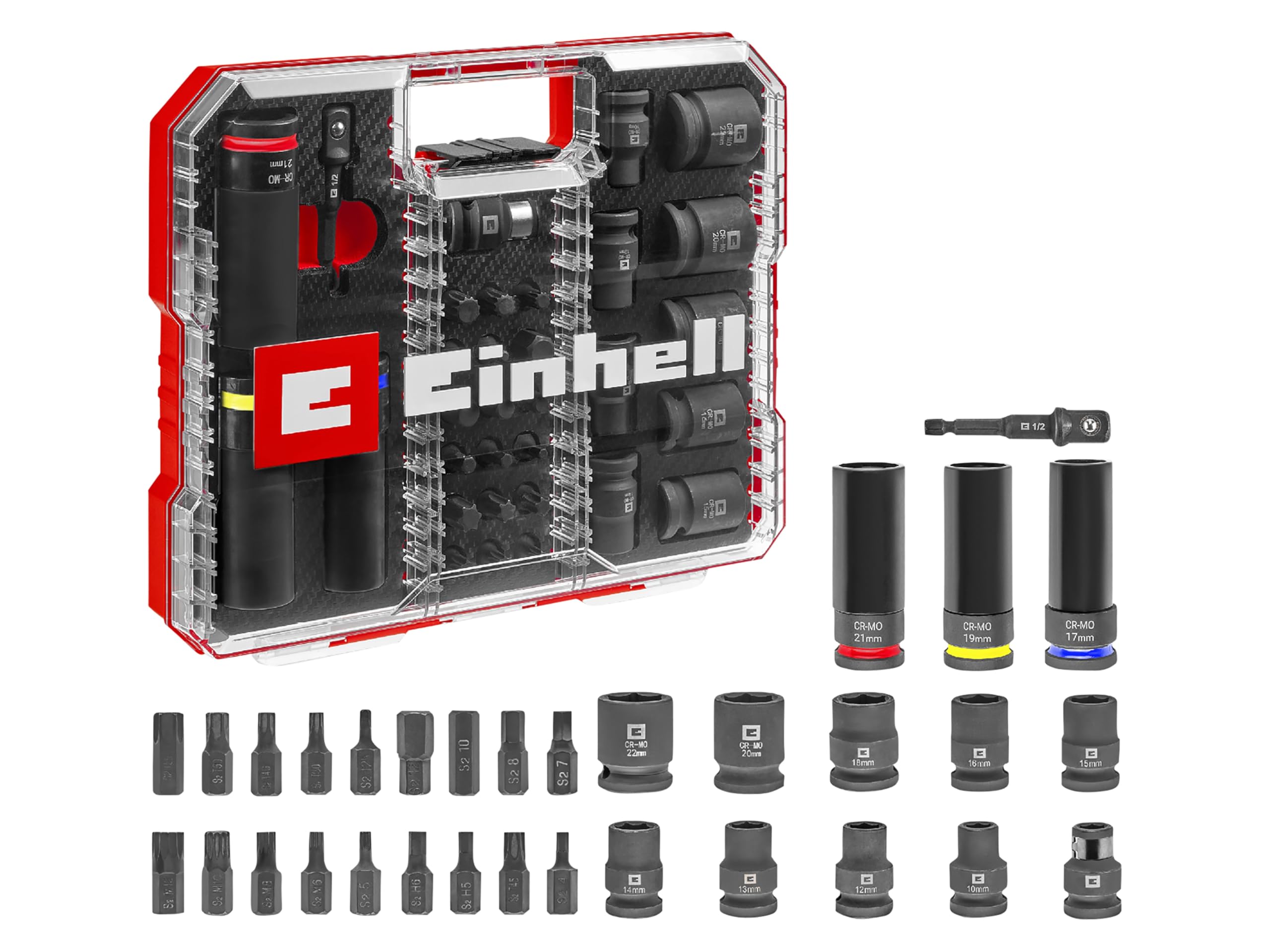 Juego de vasos de impacto Einhell original de 32 piezas (18x vasos Kraftbit de 30 mm, 9x vasos de 40 mm, 3x vasos de 80 mm, acero S2 y CrMo, funda de plástico, para automoción)