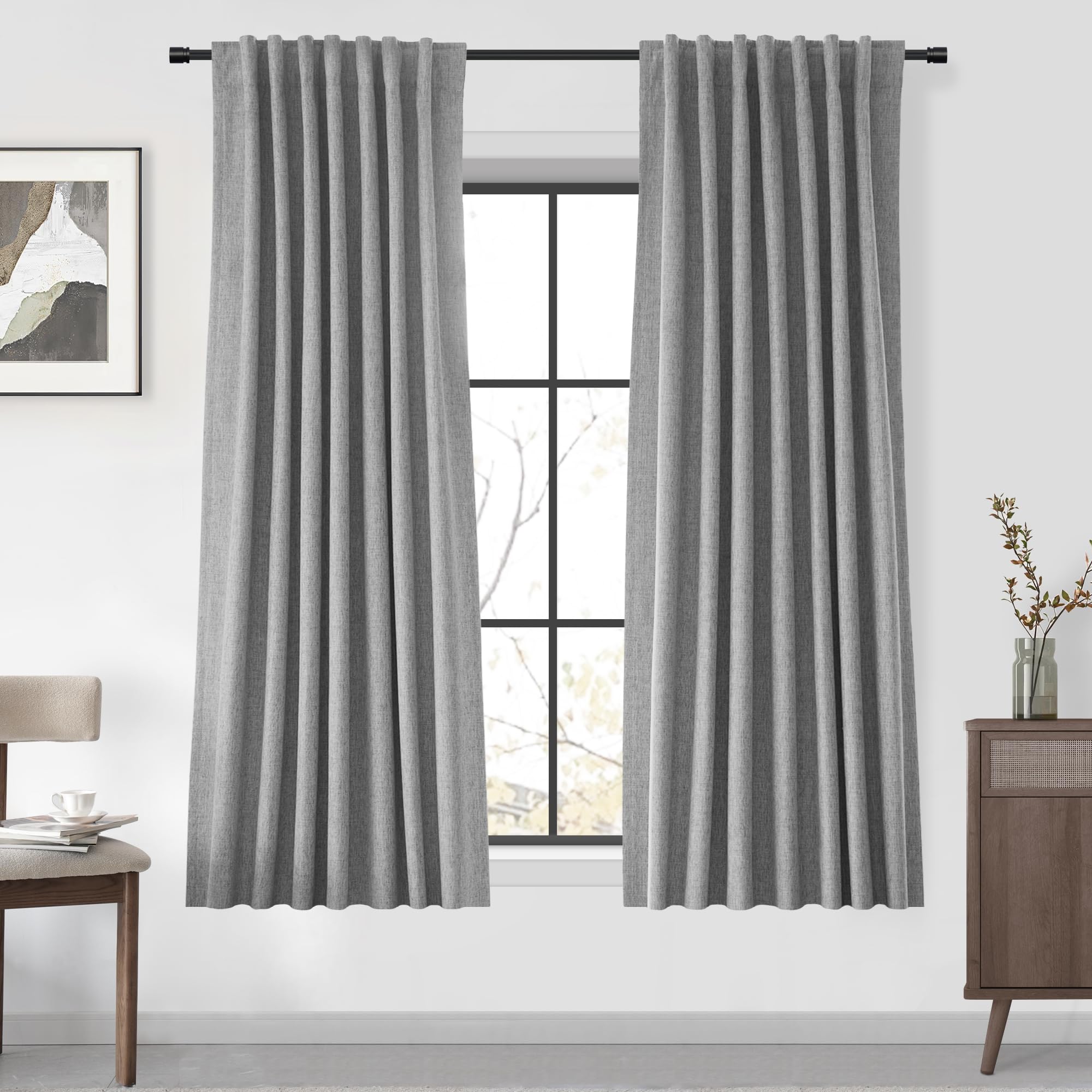 UHITECH Linen Curtains Blackout for Living Room Grey Insulated Modern Farmhouse Curtain 63 Inch Length 2 Panels Set 100% Black Out for Bedroom Window