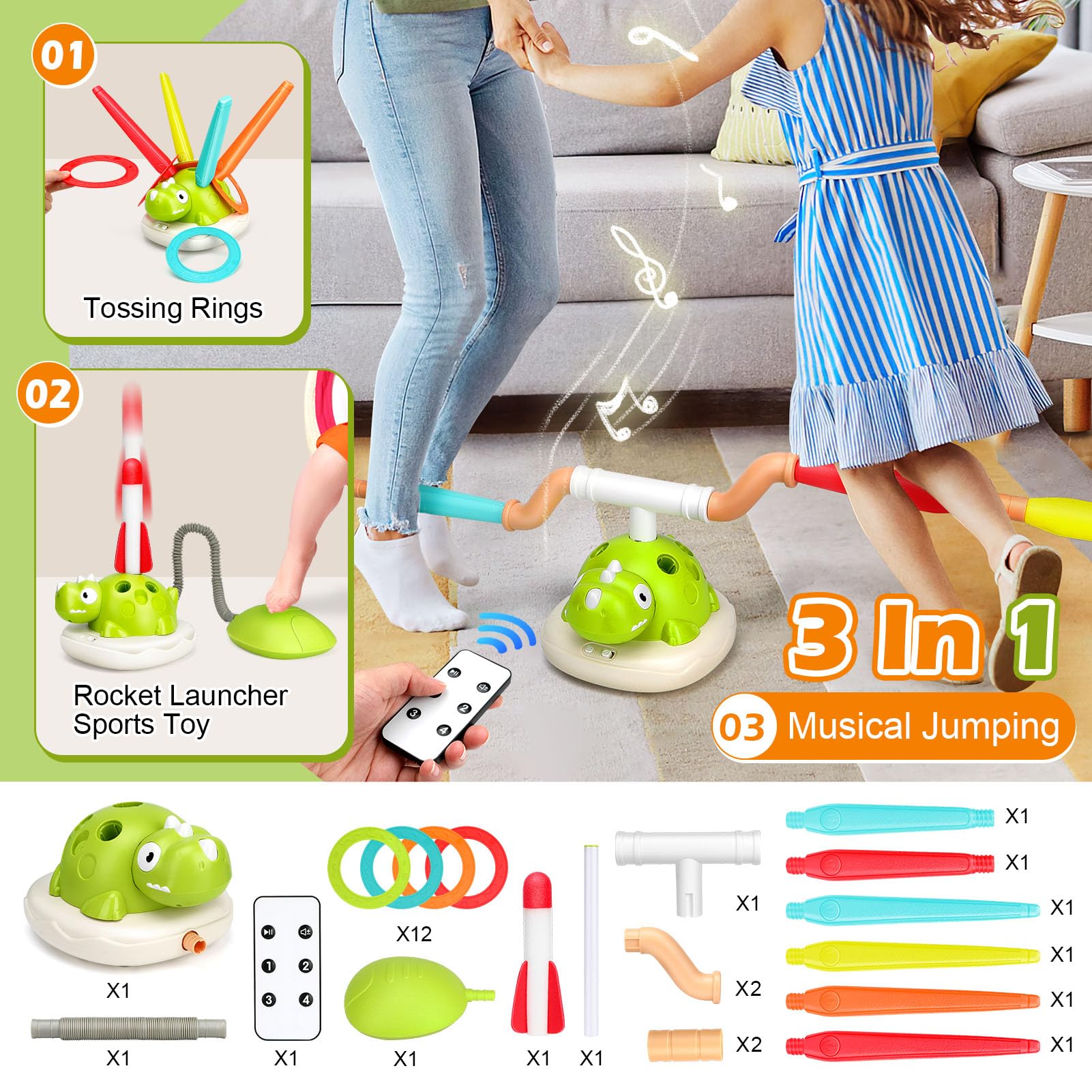 3 in 1 Outdoor Spielzeug für Kinder,Ringwurfspiel /Seilspringmaschine Kinder/Schaumraketen Launcher,Sport & Outdoor-Spielzeug mit Musik, 4 Geschwindigkeiten,Garten Spielzeug für 3 4 5 6 7 8 9 Jahre
