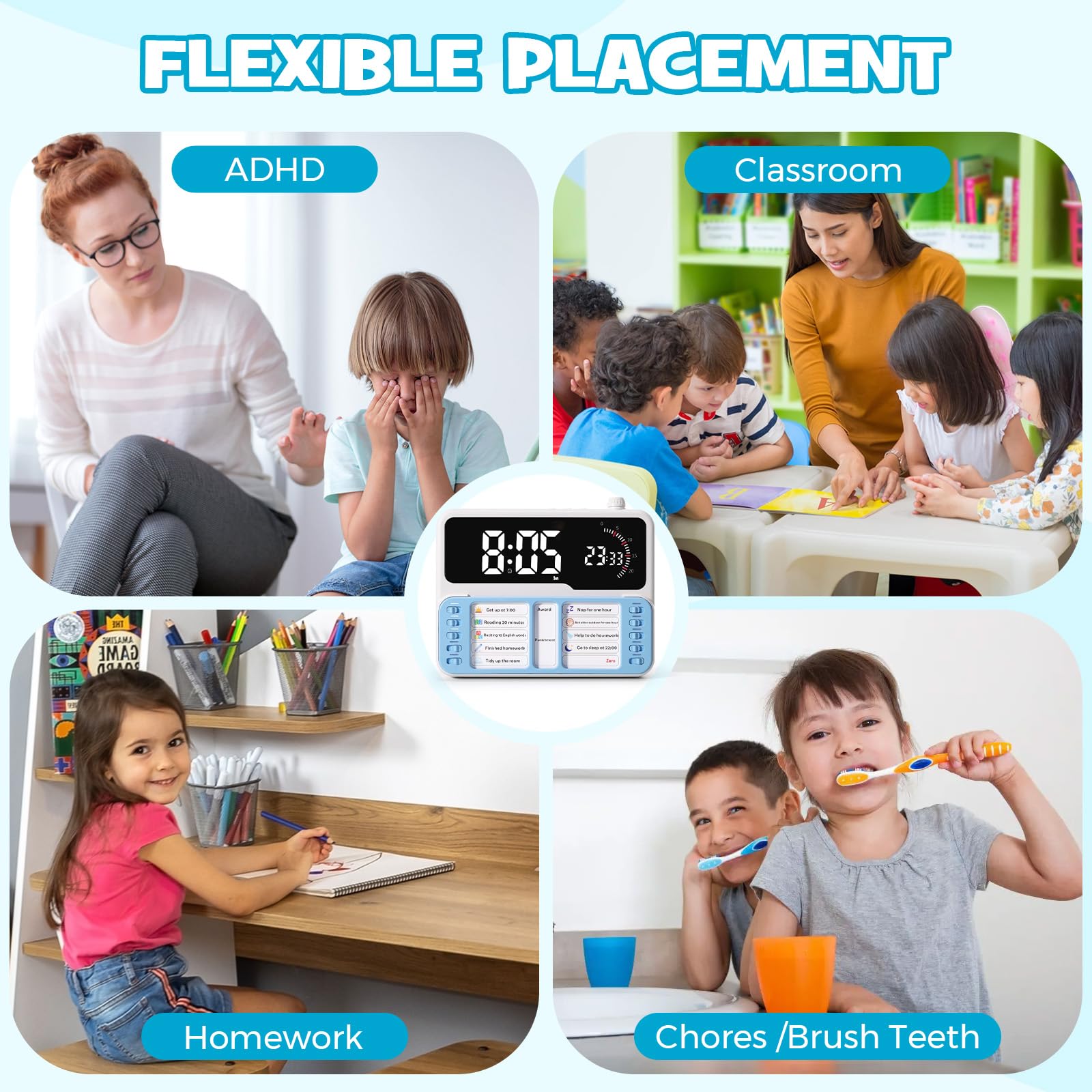 Minuteur visuel pour enfants et adultes - Outil de gestion du temps pour l'autisme et le TDAH avec alarme numérique, couture, tableau de planification des tâches, température et stockage