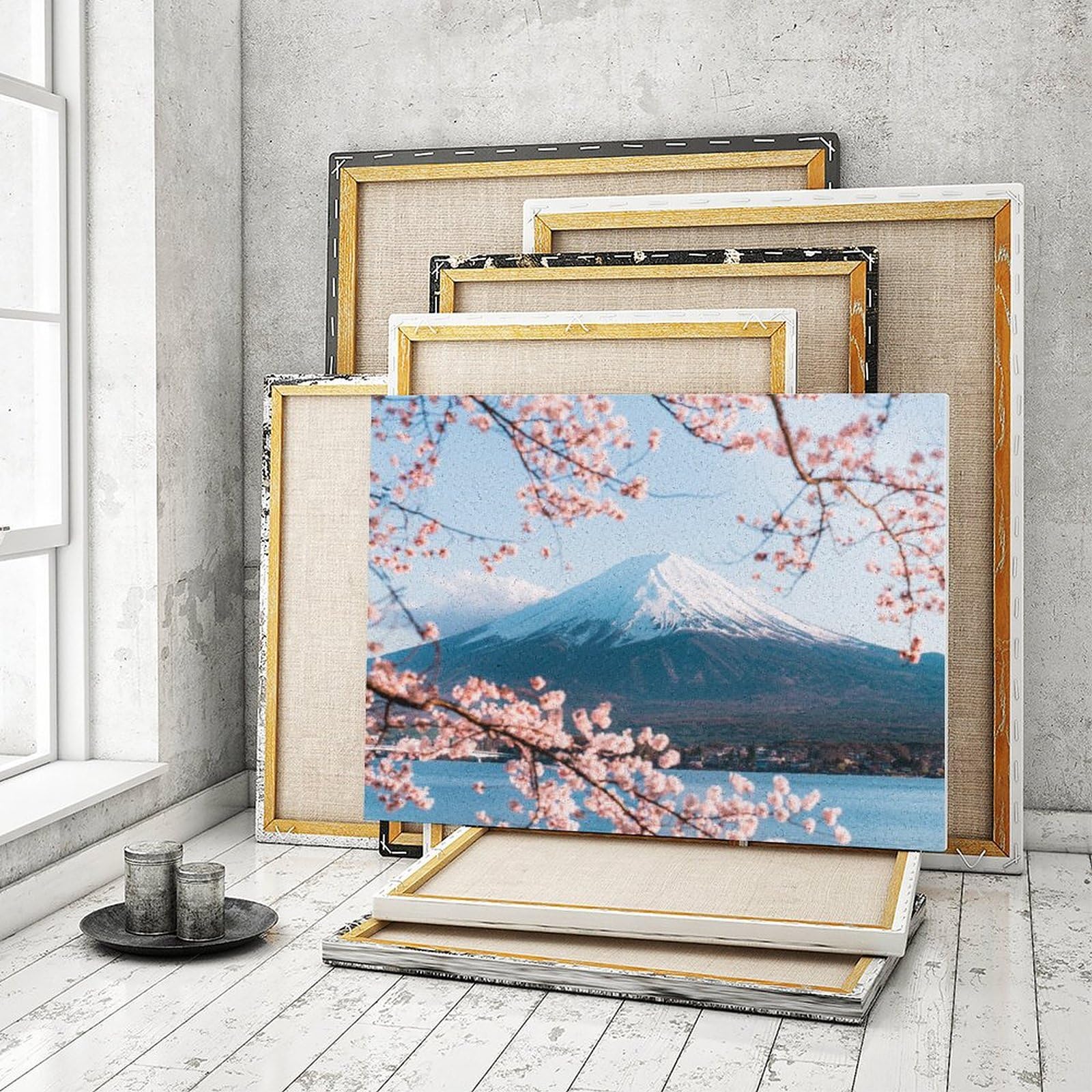 Amazon | 富士山を背景にした桜 数字キットによる絵画 数字油絵