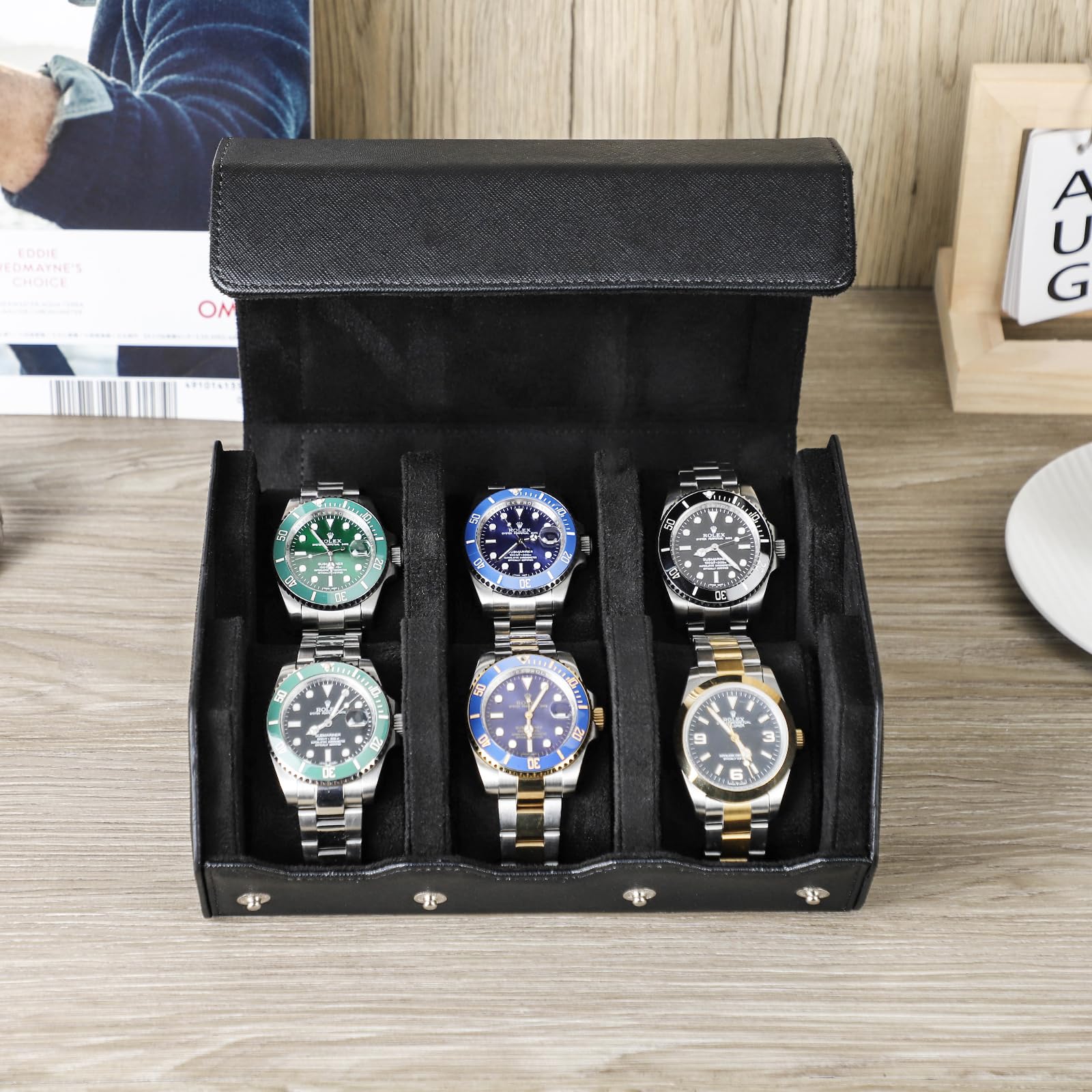 Hiram Scatola portaoggetti per orologi, in vera pelle, esagonale, per 6 orologi, protettiva, per orologi (nero)