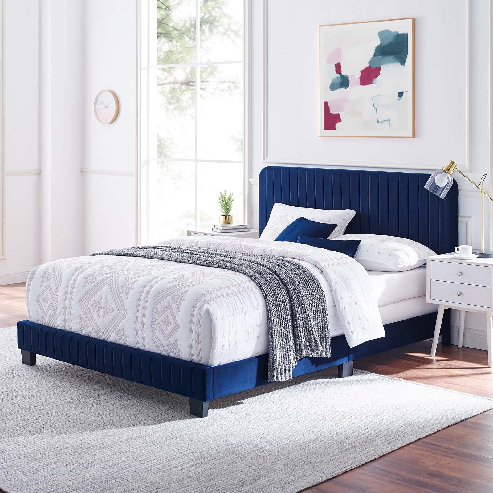 Photo 1 of Modway Celine Channel Tufted Performance Velvet Bed, King, Navy