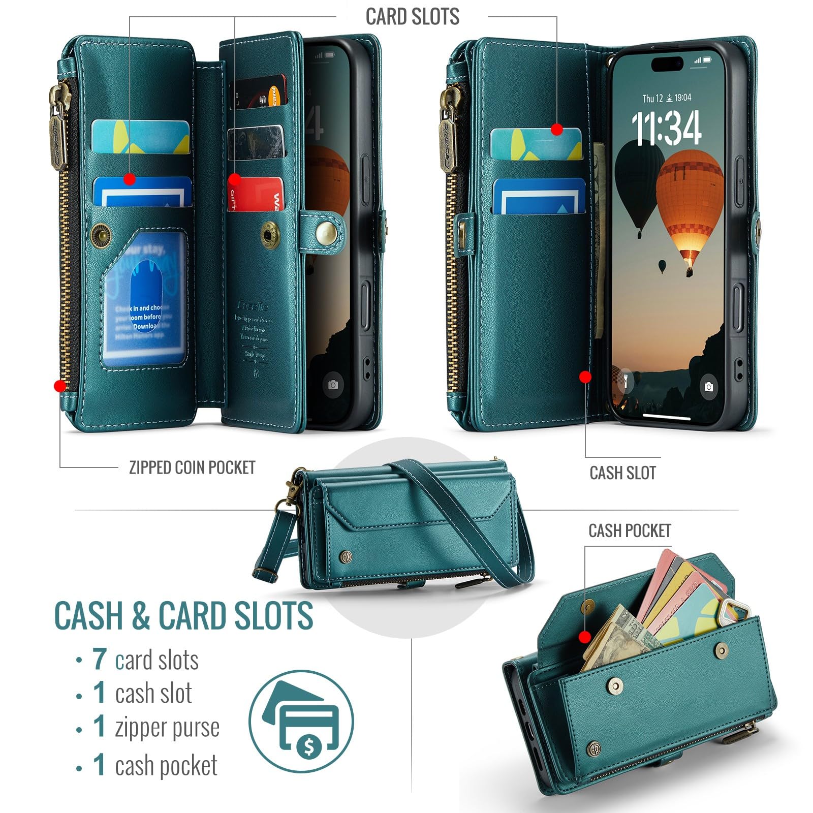 Etui portfelowe na iPhone'a 17 Pro, z 7 przegródkami na karty, blokujące RFID, magnetyczne zamknięcie, kieszeń na rachunki gotówkowe, wysokiej jakości skóra PU, z paskiem na nadgarstek