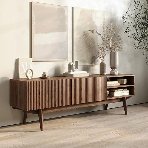 Living Skog TV Stand for Living Room TV Media Console Table, Modern Entertainment Center with Storage Scandinavian Midcentury Fluted Style Fits TV 50 55 60 65 70 inch, Wood Legs (Brown, Kelly 59 in)