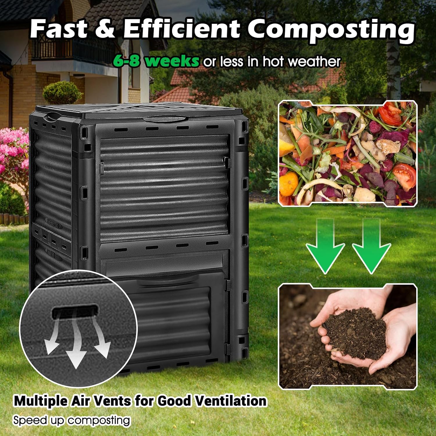 Happygrill Outdoor Compost Bin, Composting Box w/Top Flip Latch-on Lid,80 Gallons Composter for Kitchen Waste & Garden Scraps, Compost Barrel for Fast Creation of Fertile Soil (Black)