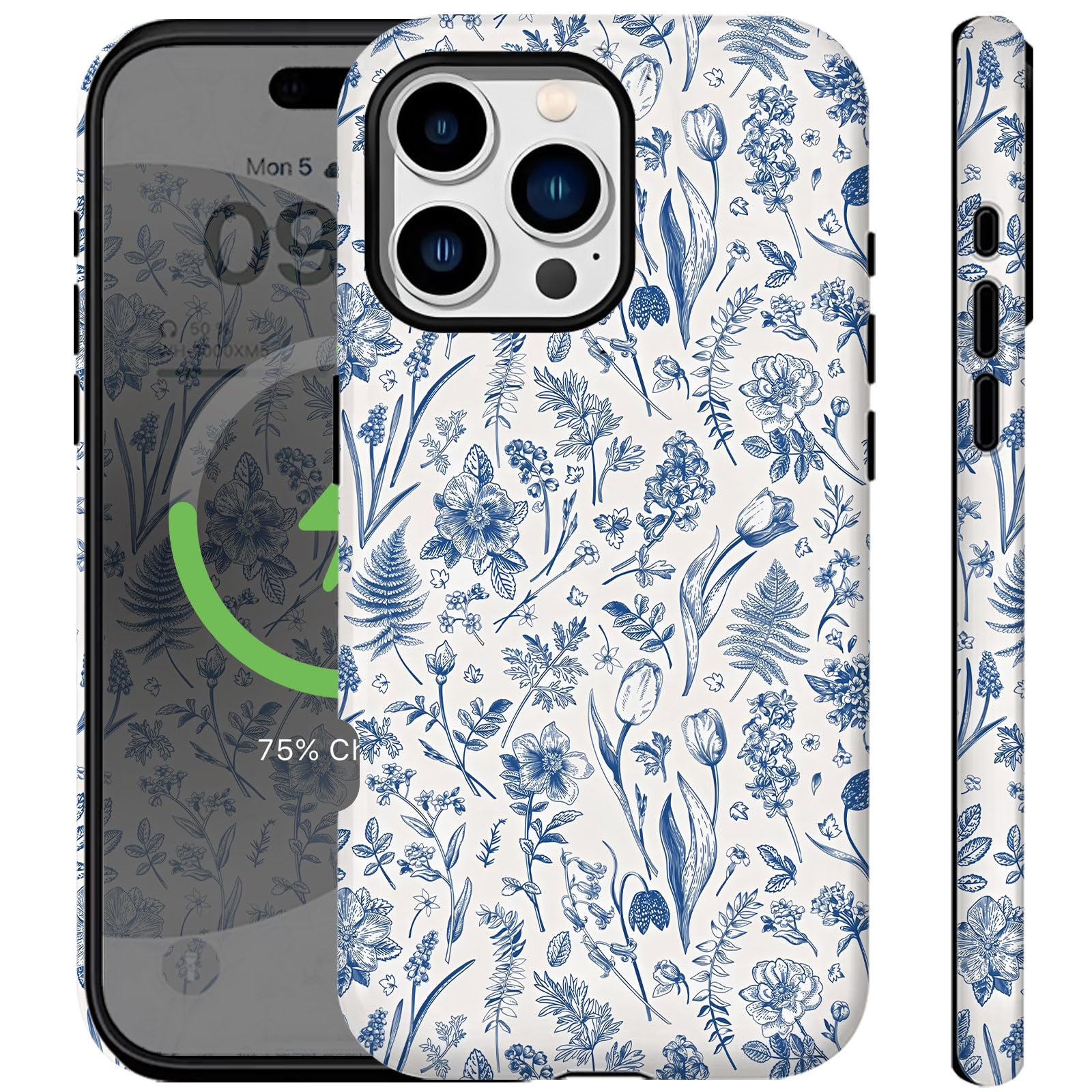 Ceckooty Compatible for iPhone 16 Pro Case Vintage Blue Flowers Florals Cute Aethetic Design for Women Girls [Compatible with Magsafe] Rugge 2-in-1