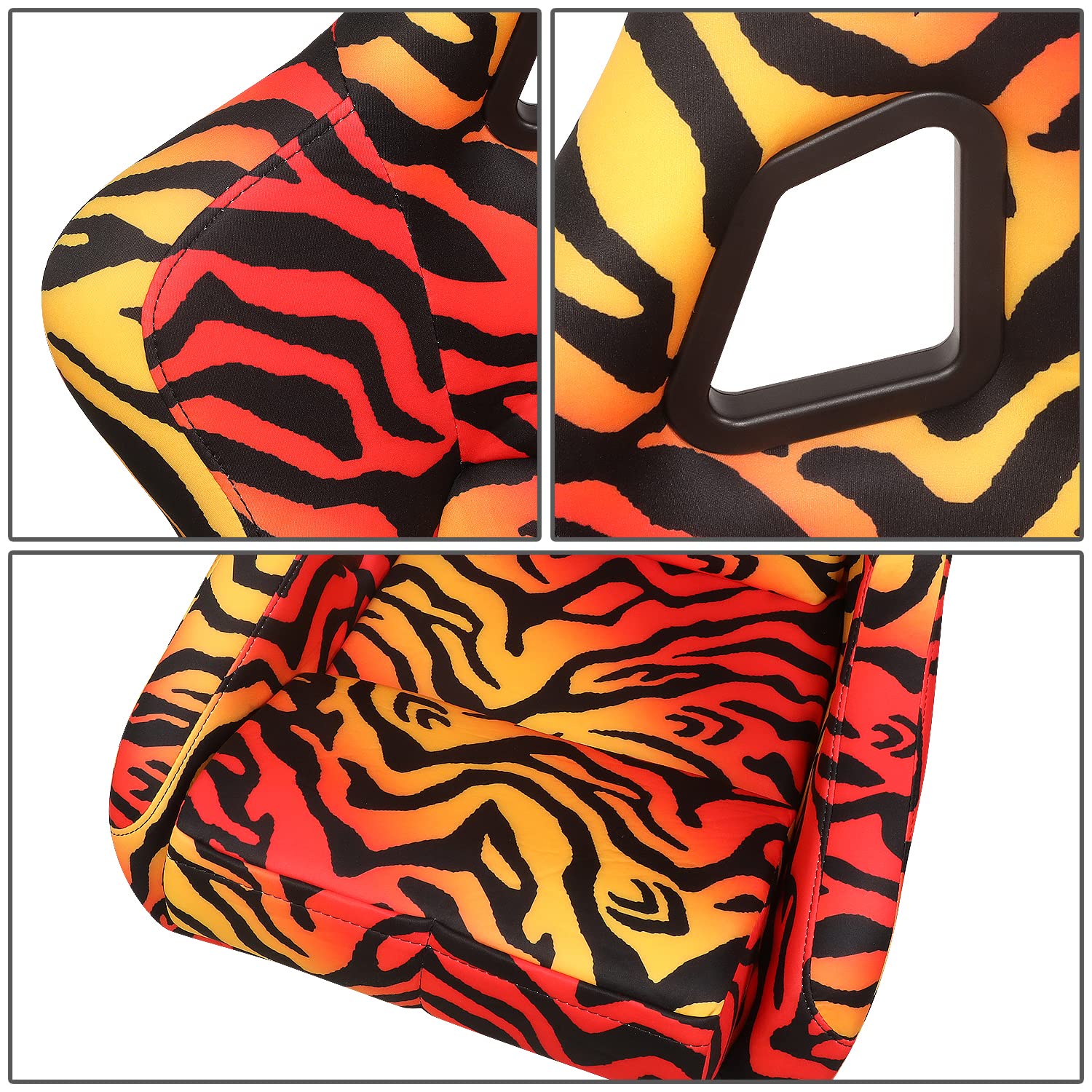 NRG Innovations NRG-FRP-302TIGRE-SAVAGE Prisma Siège baquet à dossier fixe avec montage en bas, tissu imprimé tigre jaune/orange/doré/rose ombré scintillant