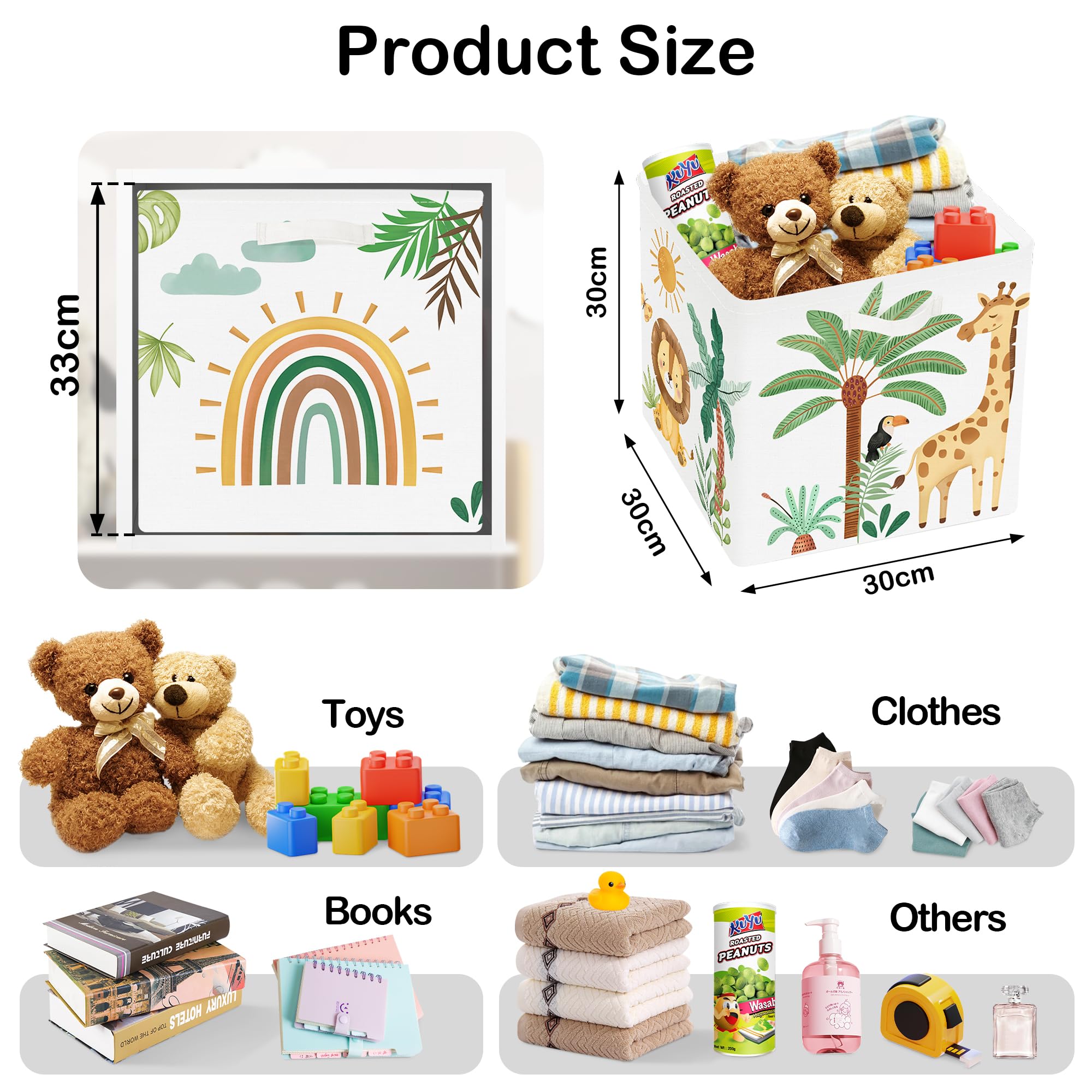 30cm Aufbewahrungsbox 3 Stück Boho Tier Giraffe Löwen Aufbewahrungskorb Kinder Falt Tropische Blätter Palmen mit Griffen Aufbewahrungswürfel Organizer für Spielzeug Bücher Kleidung
