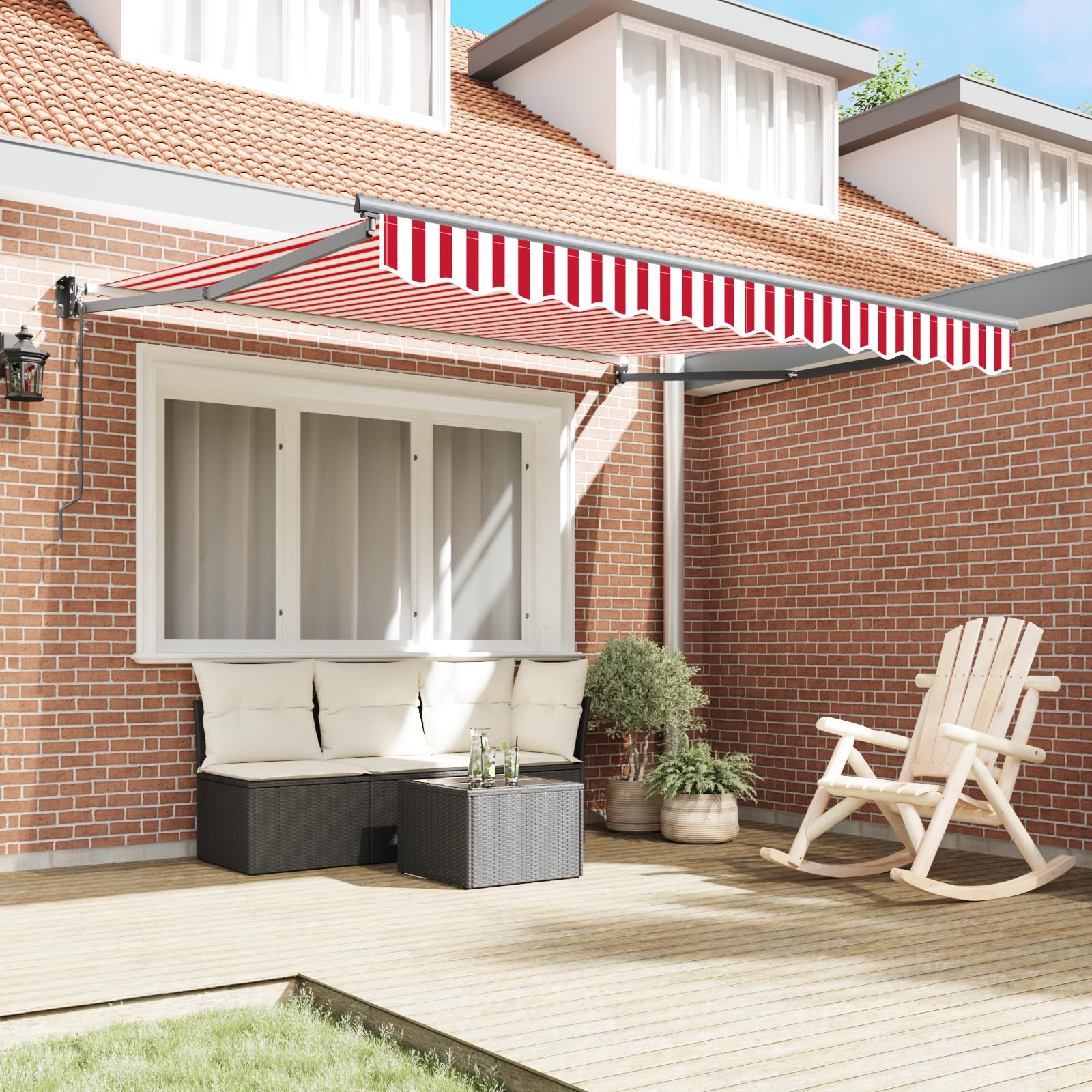 Automatyczny składany parasol, czerwono-białe paski, 300 x 250 cm, na balkon i do solarium, z ramą z aluminium i tkaniny poliestrowej, odporny na działanie promieni UV, szeroki, ochrona przed słońcem