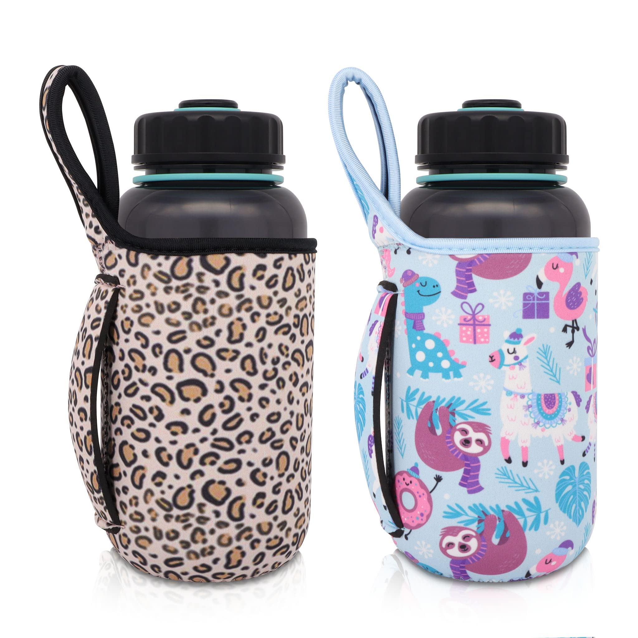2Pack Reusable Neoprene Insulator Water bottle Carrier holder Sleeves with Handle for 32 Oz Wide Mouth Sport Water Bottle (Party Flamingo + Leopard