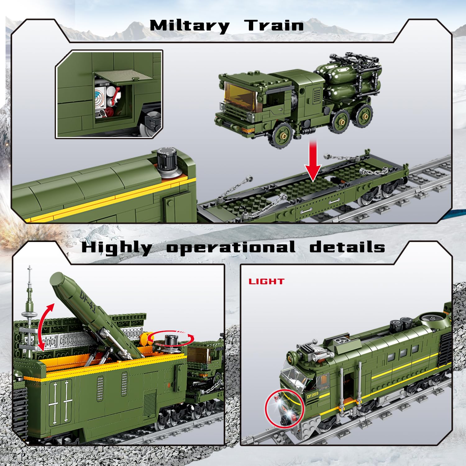 Military Train Building Kit, Compatible with Lego Military Army Train Building Block with Lights, Missiles, Trucks and Train Tracks, Gift for Military Lovers, Teens and Adults (1174 Pieces)