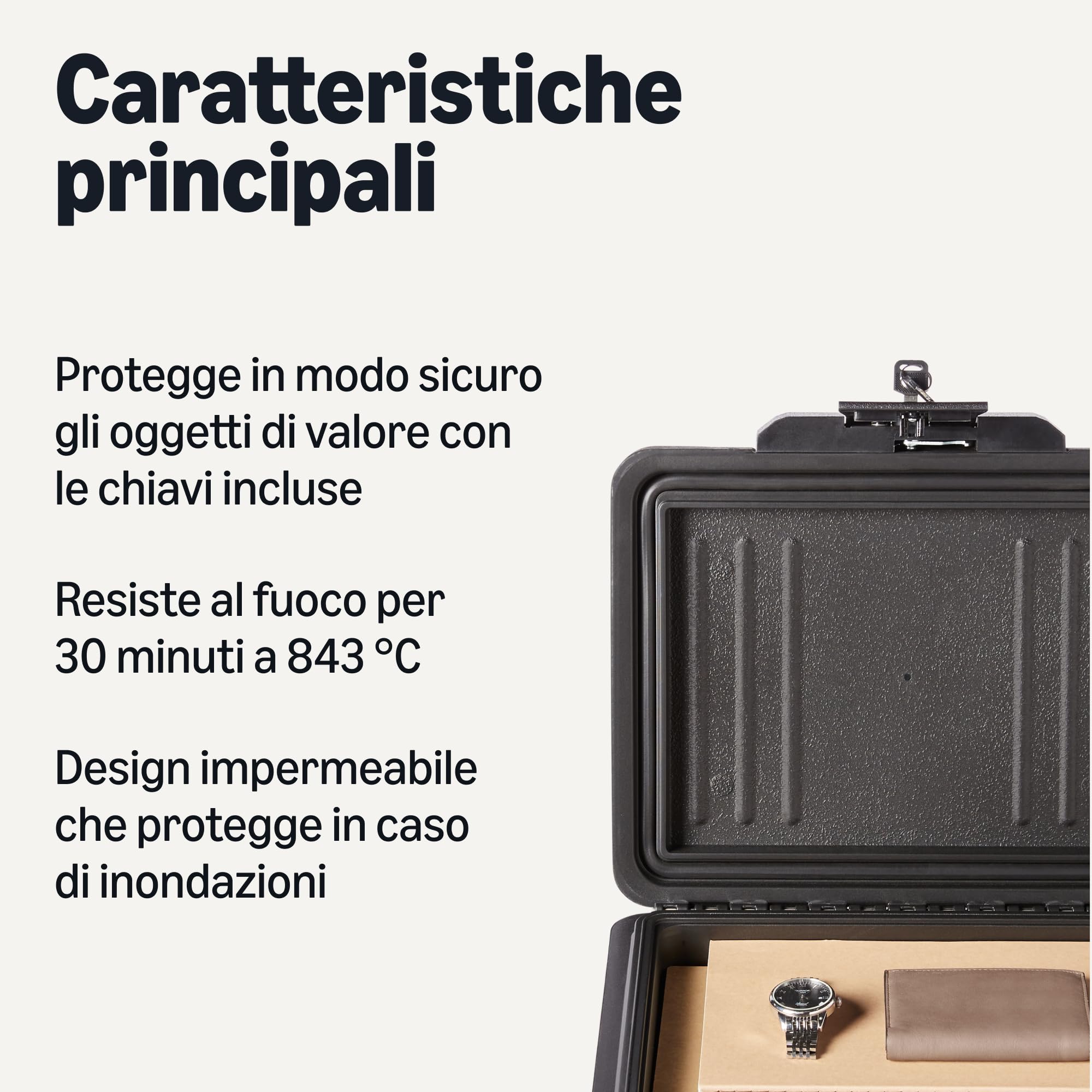Amazon Basics Cassaforte Porta Documenti Ignifuga e a Tenuta Stagna con Serratura a Chiave, Capacità 6,2L, Certificata UL 72 Classe 350, Nera