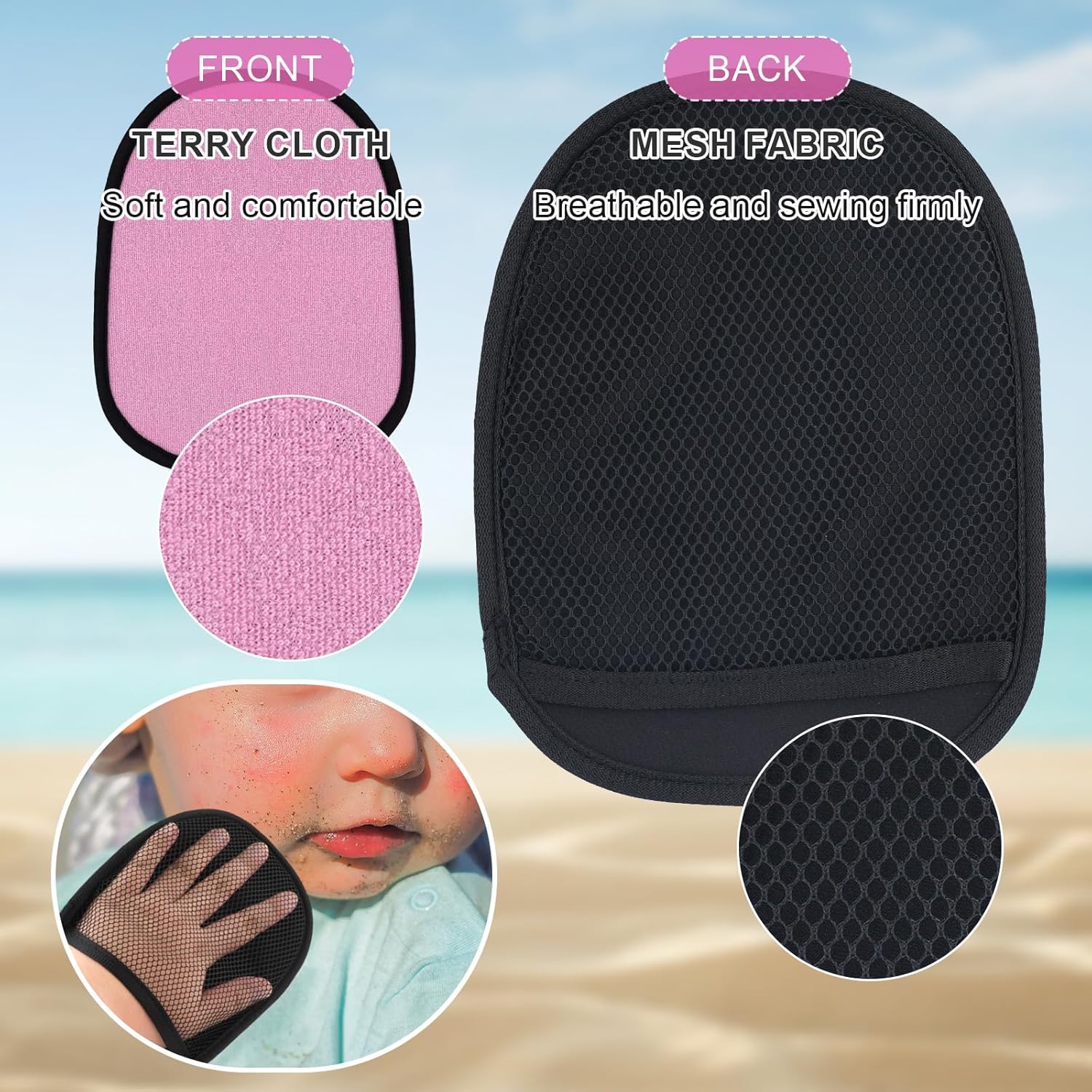 2pcs Sand Wipe Off Mitts, Soft Breathable Wipe Sand Gloves for Cleaning Sand from Children's Skin Beach Sand Cleaner Tool for Beach Volleyball Beach Activities (Pink)