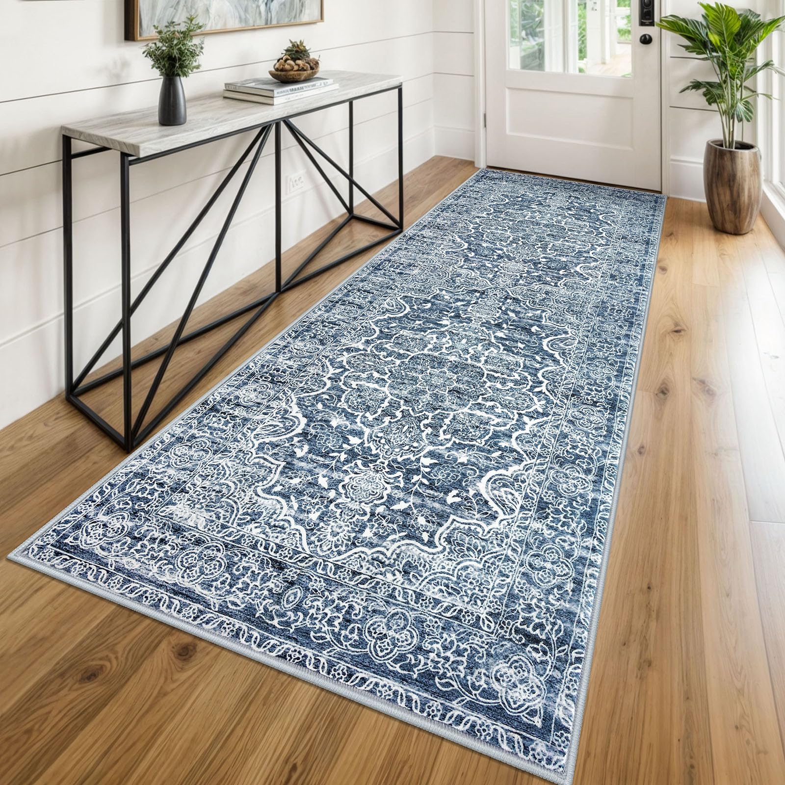 KUTA Vintage Washable Kitchen Runner 3x8, Non Skid Washable 8 ft Blue White Runners, Printed Distressed Floral Area Rugs Ultra Soft Carpet for Bedroom