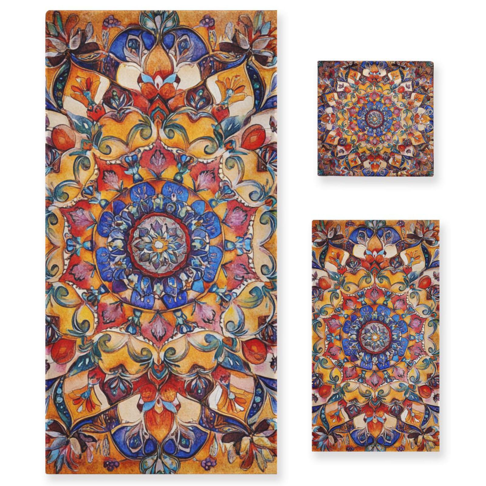 Bohema wzór boho vintage mandala czyszczenie ręczników do twarzy zestaw 3 sztuk, 1 ręcznik kąpielowy 1 ręcznik do rąk 1 myjka do kuchni łazienki jogi siłowni