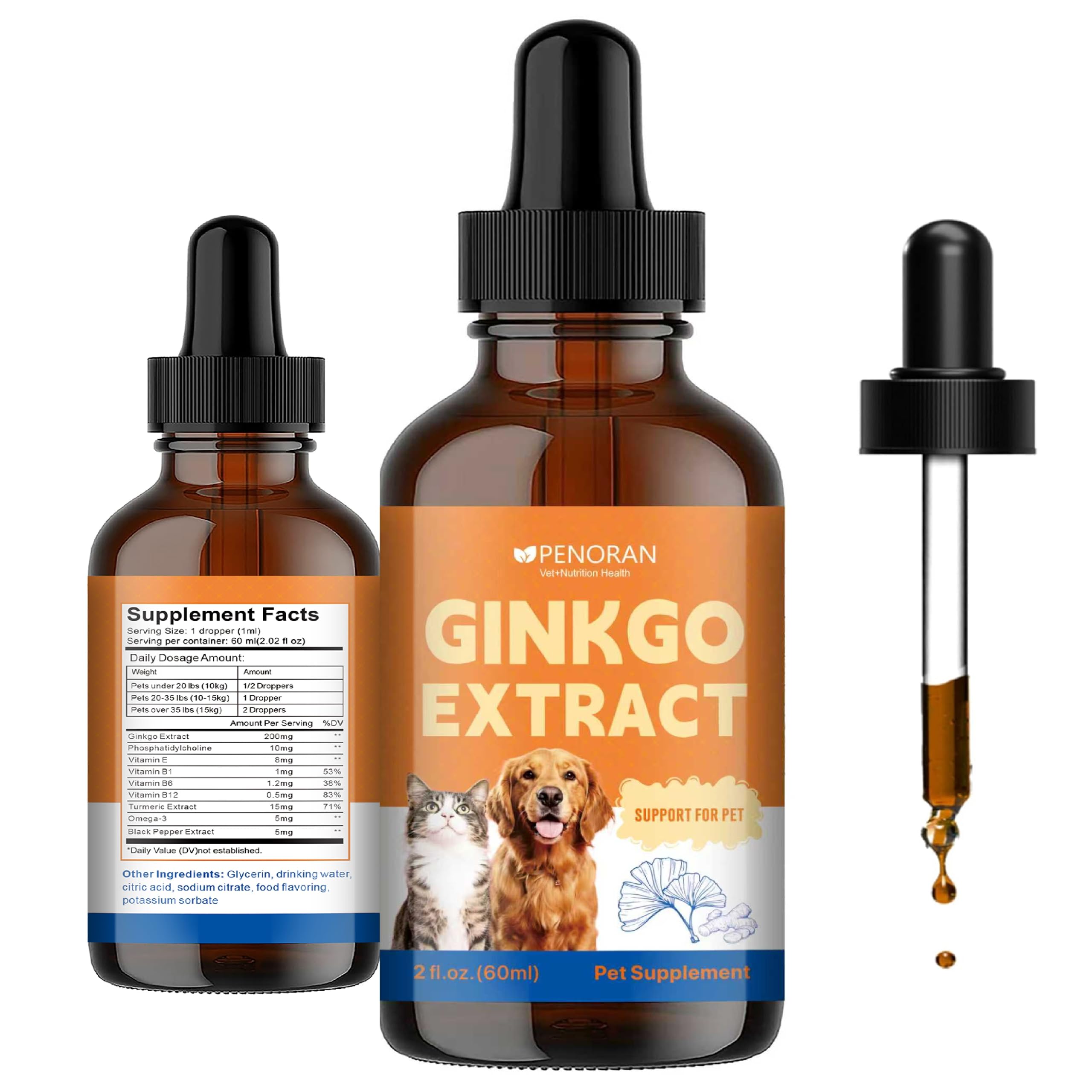 Ginkgo Brain & Heart Support Drops for Dogs, Senior Dogs & Cats Cognitive & Memory Support, Blood Pressure, Cholesterol, Fights Mental Fog, with Curcumin & Lecithin & Multivitamins ﻿