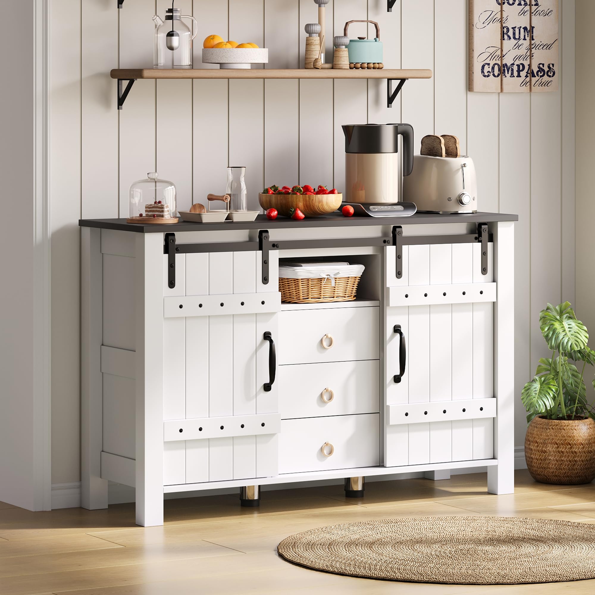 Merax Sideboard with Storage 120cm – Buffet Cabinet with Sliding Doors & 3 Drawers, Rustic Wood Coffee Bar Cabinet, Kitchen Storage Unit for Dining Room, Living Room & Hallway, White