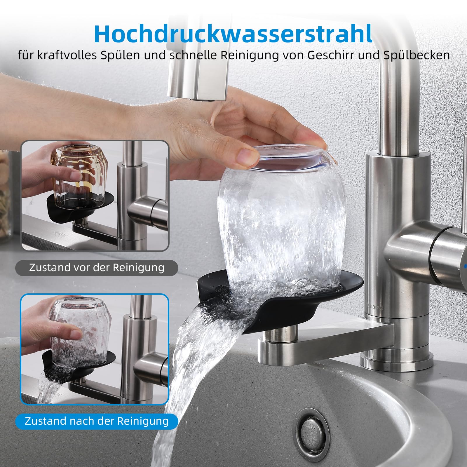 Küchenarmatur Wasserhahn Küche Glasspüler, Ausziehbar 3 Strahlarten | Spültischarmatur Küche Mynaiad mit Glasspüler, 3 Auslauf-Modi, 360°-Drehung, Schwarz 304 Edelstahl, für Küche, Bad und Bar