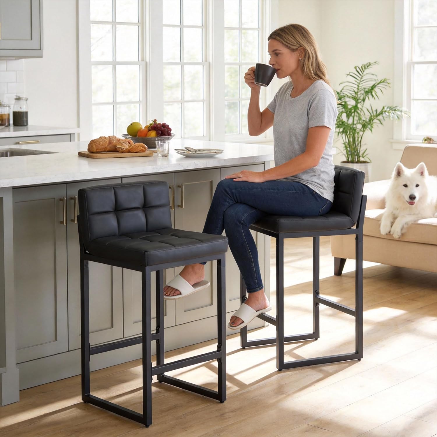 FIRAVOE Counter Height Bar Stools Set of 2, Modern Faux Leather Counter Stools with Low Back and Footrest, Upholstered Bar Chairs for Kitchen Island, Bar, Counter (Black, 2Pcs 26" Counter Stools)
