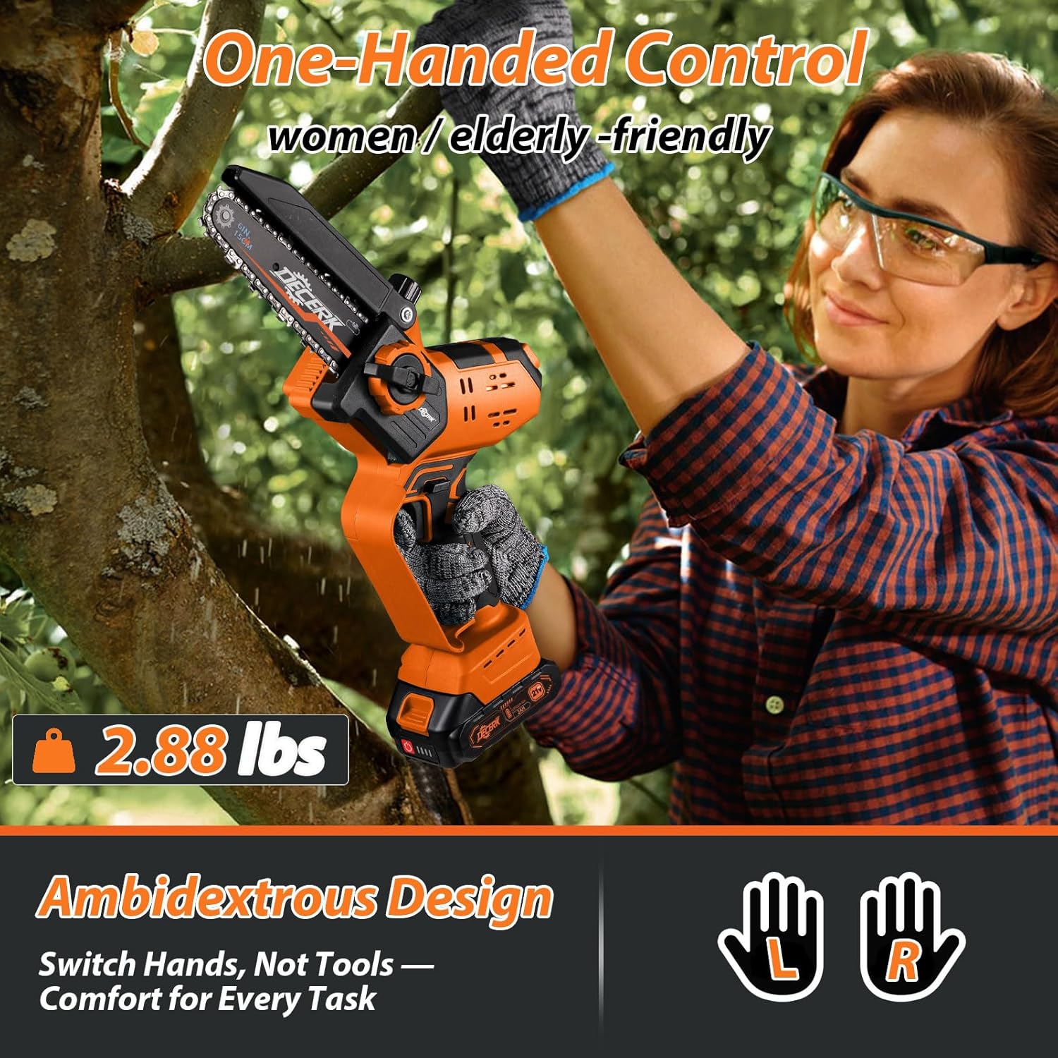 A person demonstrating one-handed control of the mini chainsaw while pruning a tree branch, highlighting its lightweight design (2.88 lbs) and ambidextrous capability.