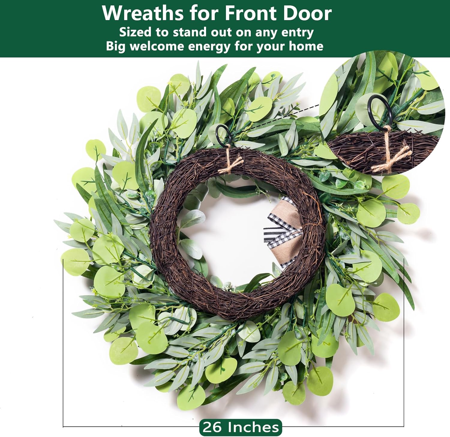 26 Inch Large Wreaths for Front Door, Spring Summer Silk Eucalyptus Wreath for Farmhouse Wall Porch Indoor Outdoor, Handmade Year Round Home Decor with Lambs Ear Willow Leaves Bow