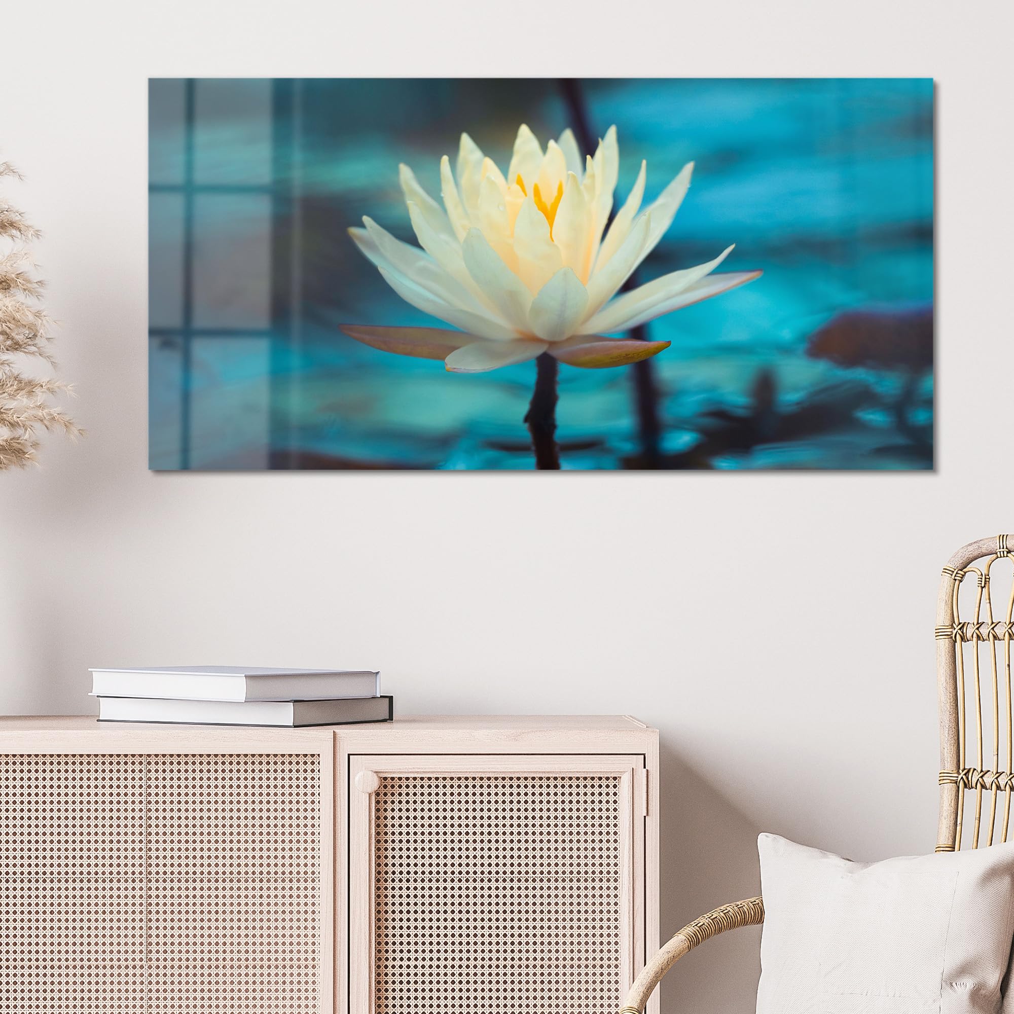 DEQORI Quadro in vetro vero | Motivo ninfee serenità | orizzontale unico pezzo 100 x 50 cm | bella decorazione da parete per soggiorno, camera da letto, corridoio e cucina | moderna decorazione da