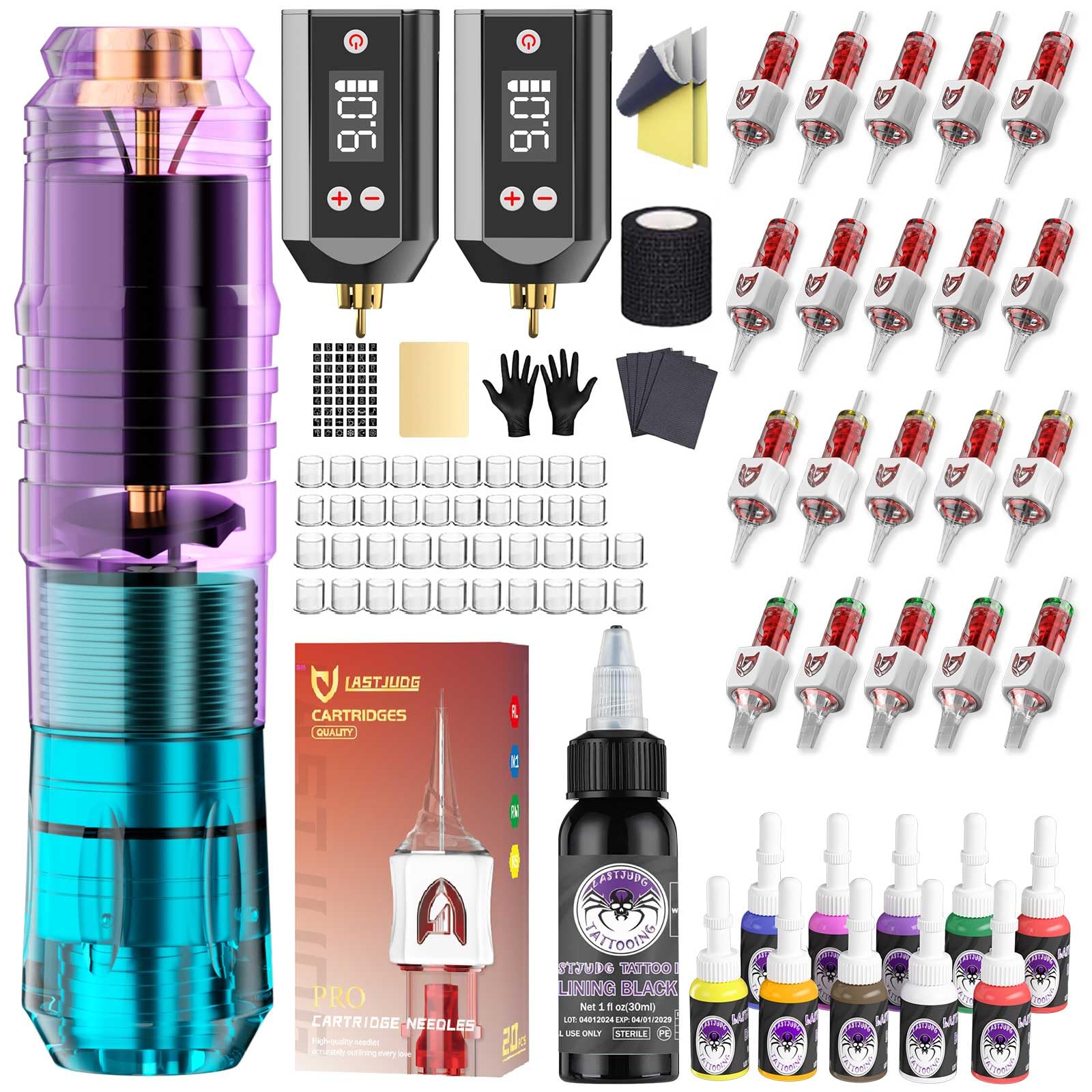 Tattoo Pen Kit Wireless Tattoo Kit Gun kit with 2Pcs 1500mAh Batteries 11Pcs Inks 20Pcs Finger Ledge Tattoo Cartridge Needles Complete Tattoo Supplies for Beginner