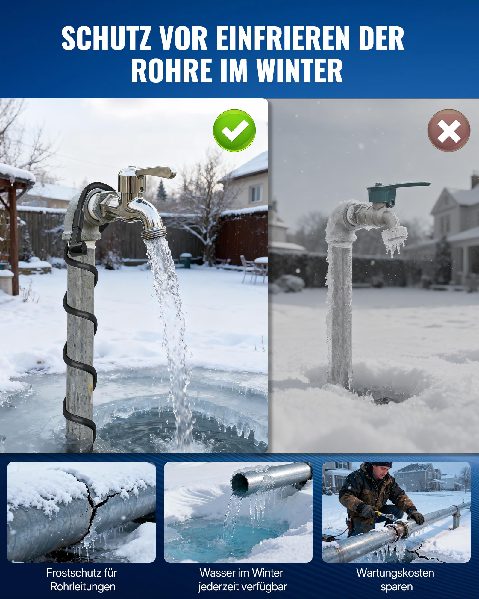 4 m Heizkabel 230V mit Thermostat, 17W/M Frostschutz Heizband, IPX7 Wasserdicht, für Kupferrohre, Metall- und Kunststoffrohre, Automatische Ein-Ausschaltung ZB04HCD06