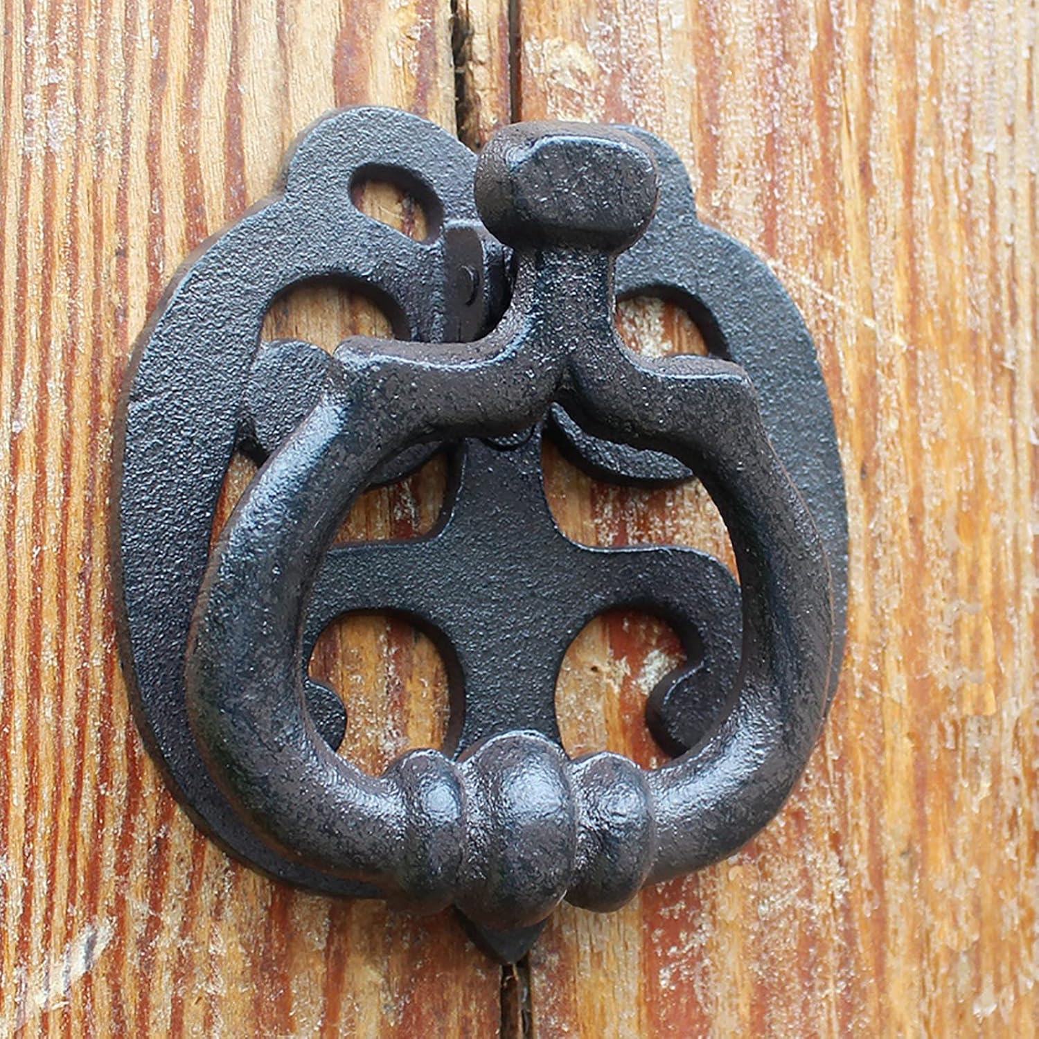 Door Knocker Wall Decor for Front Door Decoration Retro Nostalgia Cast Iron Door Knocker, Black Iron Knock Door Bolt, Quadrangle Wooden Door Elm Solid Door Knocker Handle, 4.92×4.53in