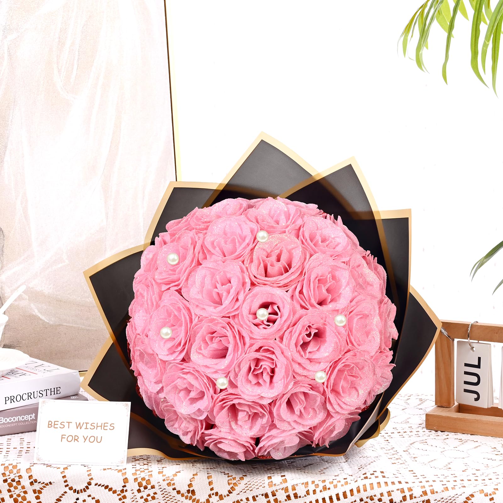 Waipfaru Rosa Glitzer Rosen Blumenstrauß DIY gefälschter Blumenstrauß, künstlicher Rosenstrauß für Valentinstag Jahrestag Verlobung Hochzeit 24 Rosen