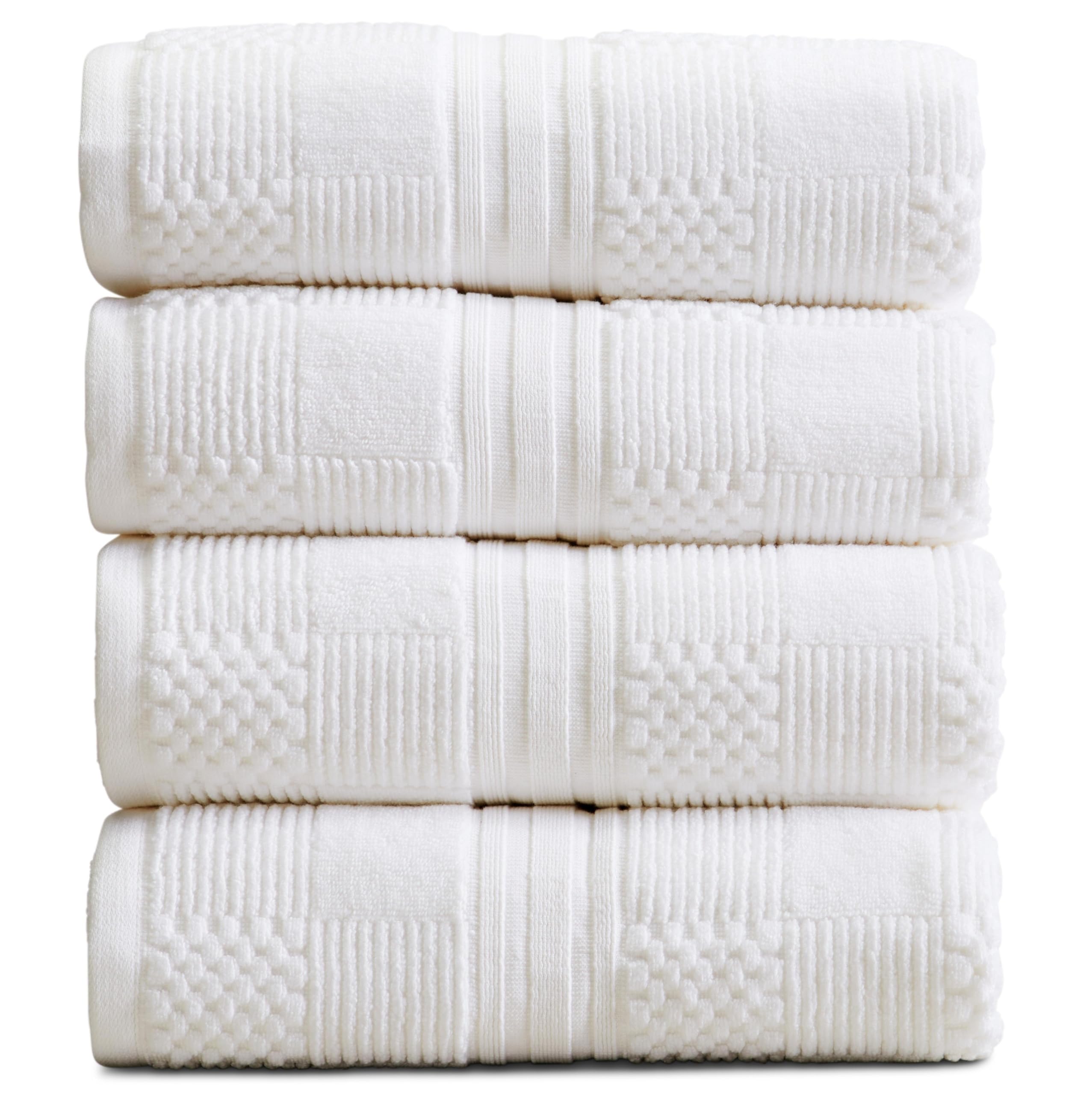 Springtree Home 100% Cotton Bath Towel Set of 4 | White Towels | Geometric Textured Design | Absorbent & Quick-Dry | 4 Bath Towels | Oeko-TEX®