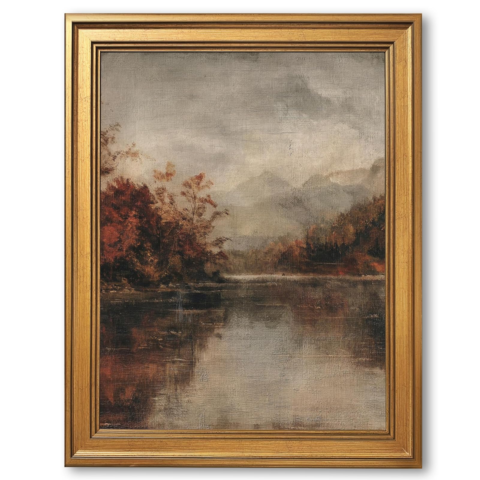 Ripiyome Vintage Autumn Lake Landscape Wall Art Muted Rustic Countryside Canvas Print Classic Nature Painting Poster Traditional Fall Wall Decor for Living Room Bedroom Bathroom 24x36inch Golden Frame