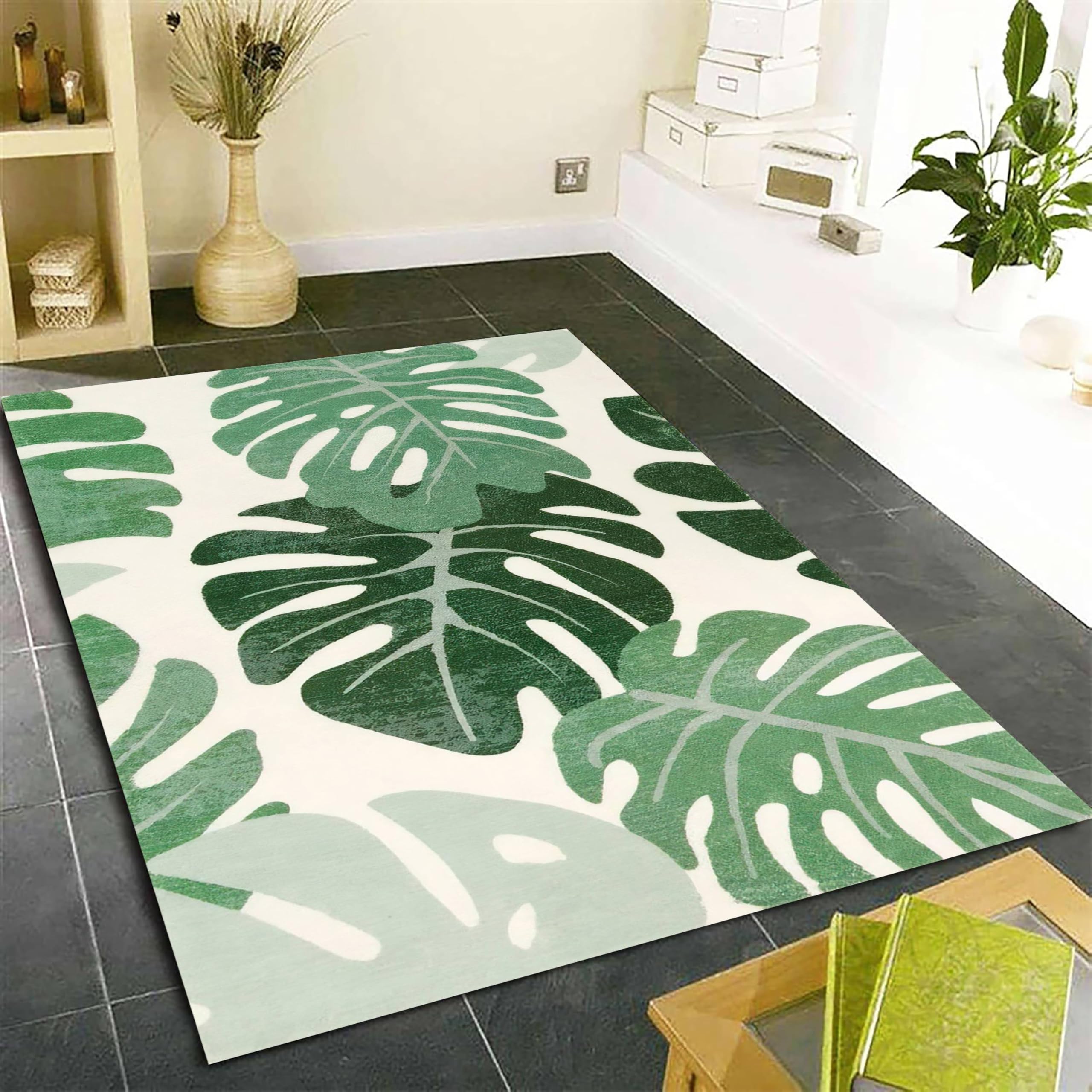 Leaf Area Rug, 60x110cm Green Leaf Non-Slip Living Room Rugs, Soft and Comfortable Tropical Rainforest Interior Carpets, Suitable for Bedroom Office Study Balcony Bedside Carpet