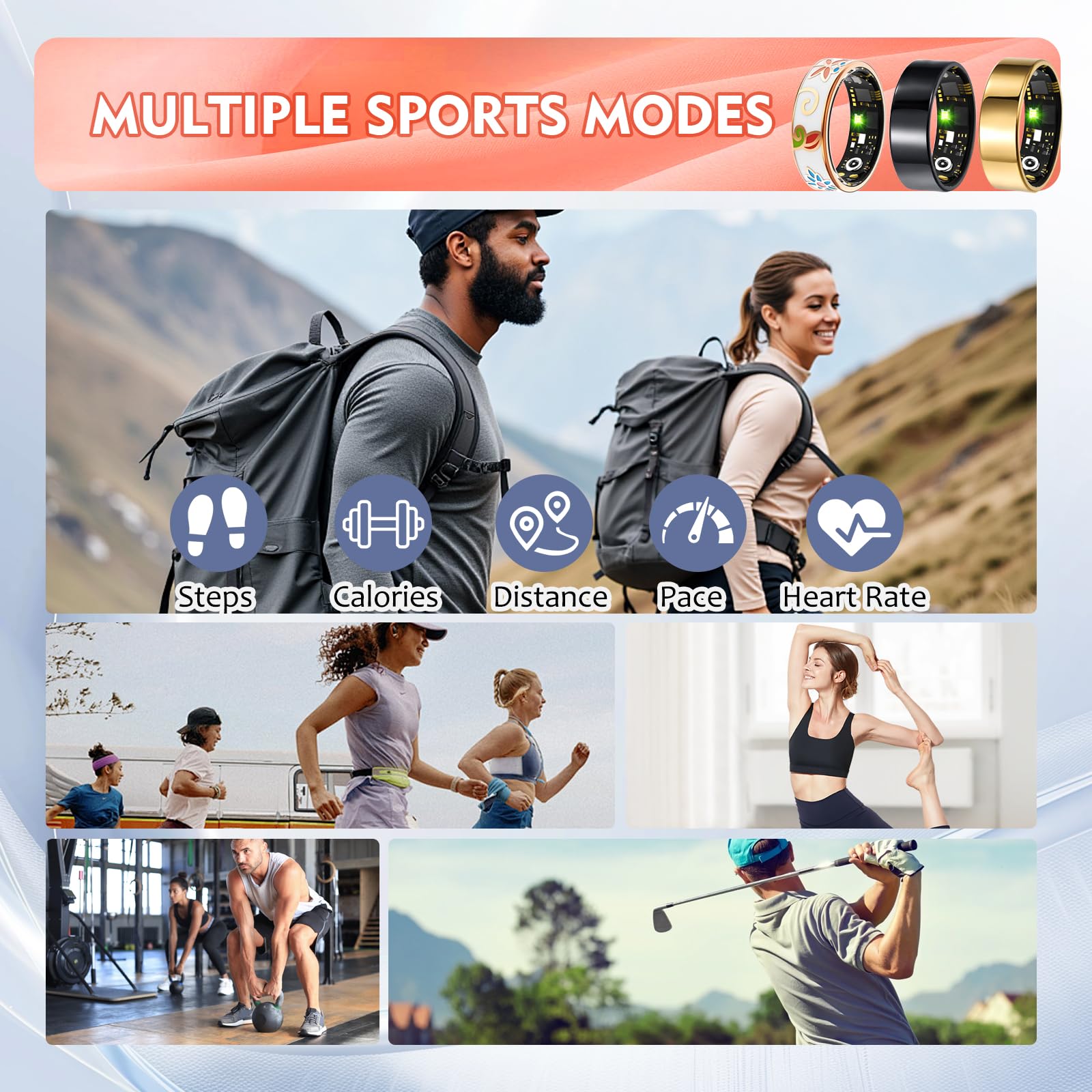 Smart Ring Health Tracker per donne e uomini, monitoraggio del sonno con frequenza cardiaca, SpO₂, pressione sanguigna, anello fitness per monitoraggio attività, senza abbonamento, anello Step Tracker
