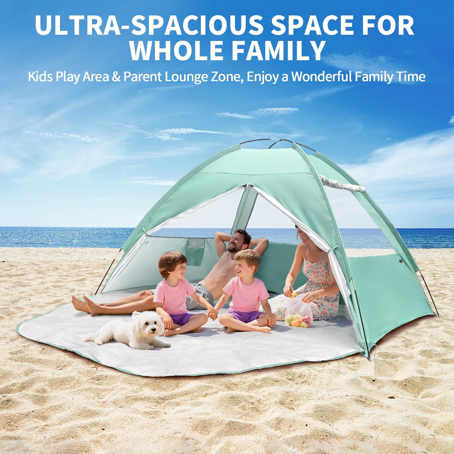 Beach Tent for 3-4 Person, Large Easy Setup Beach Shade Canopy with UPF 50＋ UV Protection, Portable Shade Tent with 3 Ventilating Mesh Windows for Outdoor, Picnics, Fishing