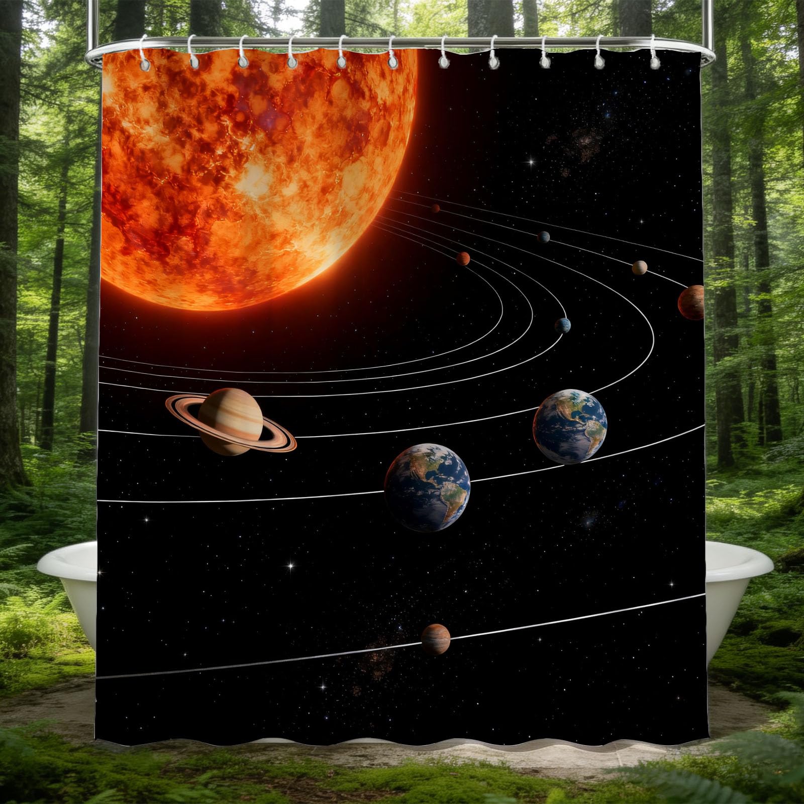 Hongduo White 3D Planet Orbit Shower Curtain For Stalls Bathtubs Saturn Bathroom Decor Shower Curtain Set Polyester Fabric Waterproof 180X200cm/71X79 Inch With Hooks