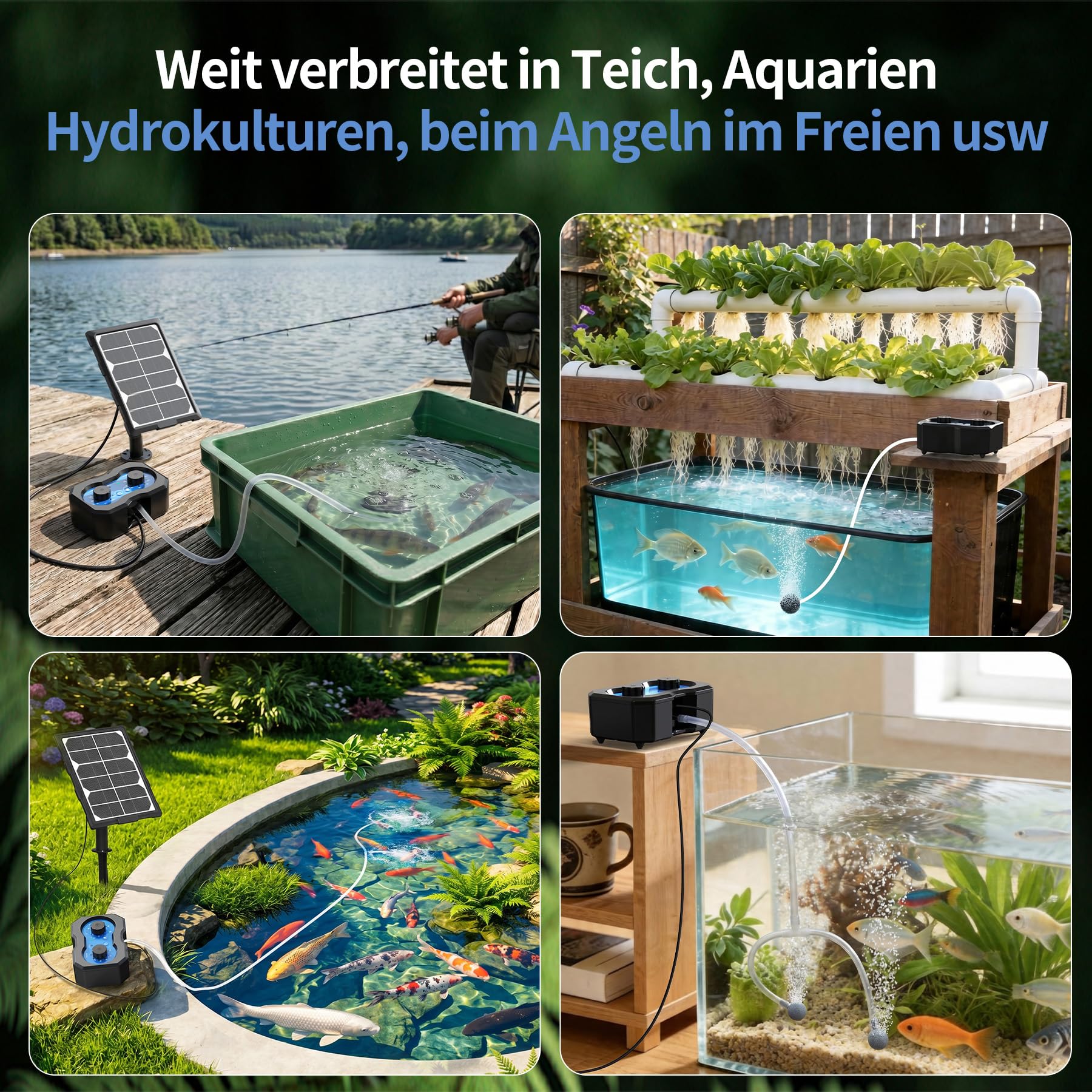 Teichbelüfter Solar mit Akku, 3W Solar Sauerstoffpumpe für Teich, Aufladbar Aquarium Luftpumpe mit 2200 mAh 146 Modi für Wasserzirkulation im Garten Teich Aquarium Fischzucht