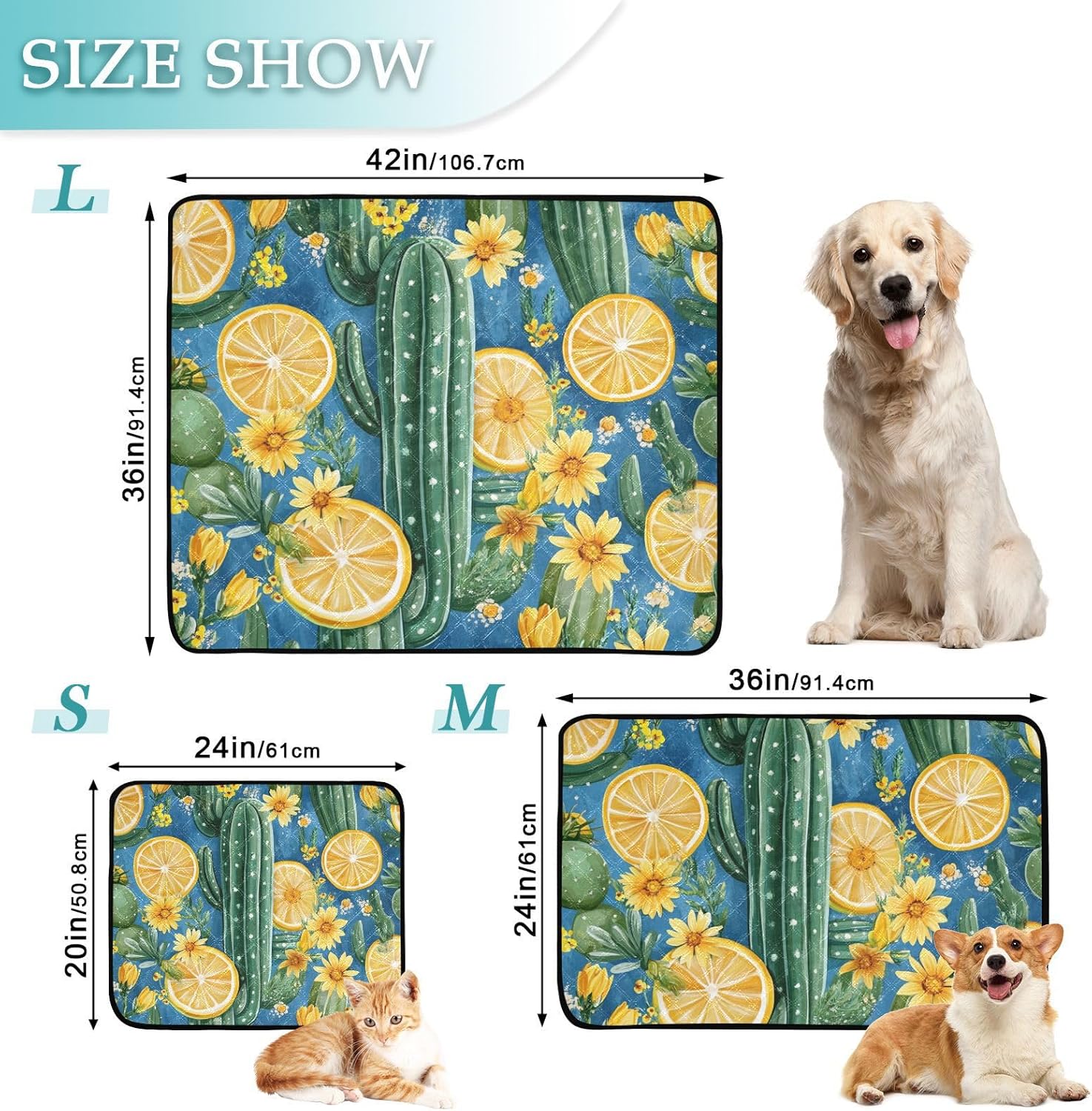 Blue Cacti Lemon and Wildflowers Washable Pee Pads for Dogs Reusable Puppy Pad 3Pack Super Absorbent Non Slip Lightweight Protect Small Pet Pads Couch Playpen Housebreaking 20x24in