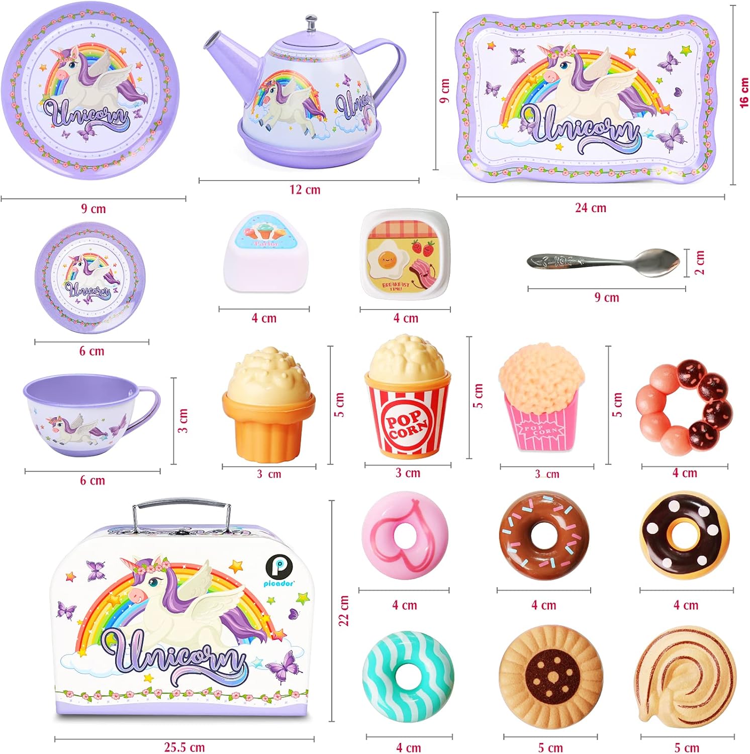 PP PICADOR Tin Tea Party Set for Little Girls, Unicorn Party Toys Teapot Set with Storage Case and Accessories Plates, Pretend Kitchen Play Princess Age 3 4 5 6 7 8(Purple) : Toys & Games