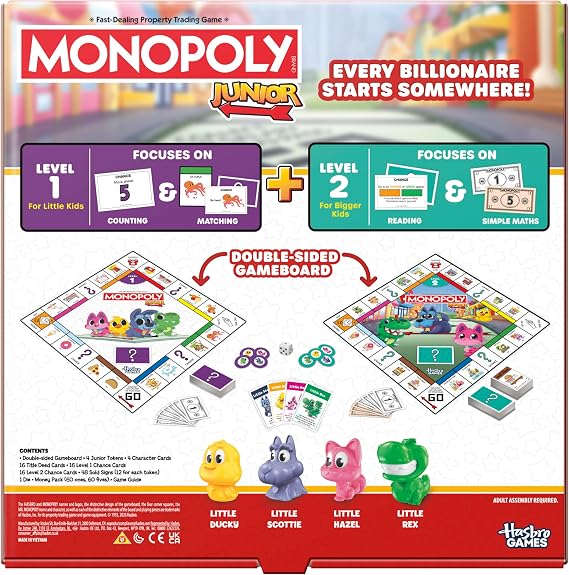 Monopoly Junior Board Game (2026 Edition) | 2 Games in 1 for Younger Kids, 2-Sided Board | Ages 4+ | 2-4 Players | 20 Mins. | Gifts for Preschoolers - English Version