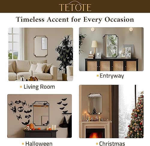 Miniatura 2 de TETOTE Espejo rectangular dorado de latón antiguo para pared, 22 x 30 pulgadas, marco de esquina redondeada, espejo de manto francés para chimenea,