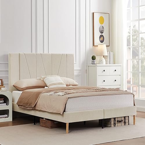 Miniatura 3 de Flolinda Base de cama tamaño Queen con plataforma tapizada con cabecera completa y listones de madera fuertes, no necesita somier, fácil montaje,