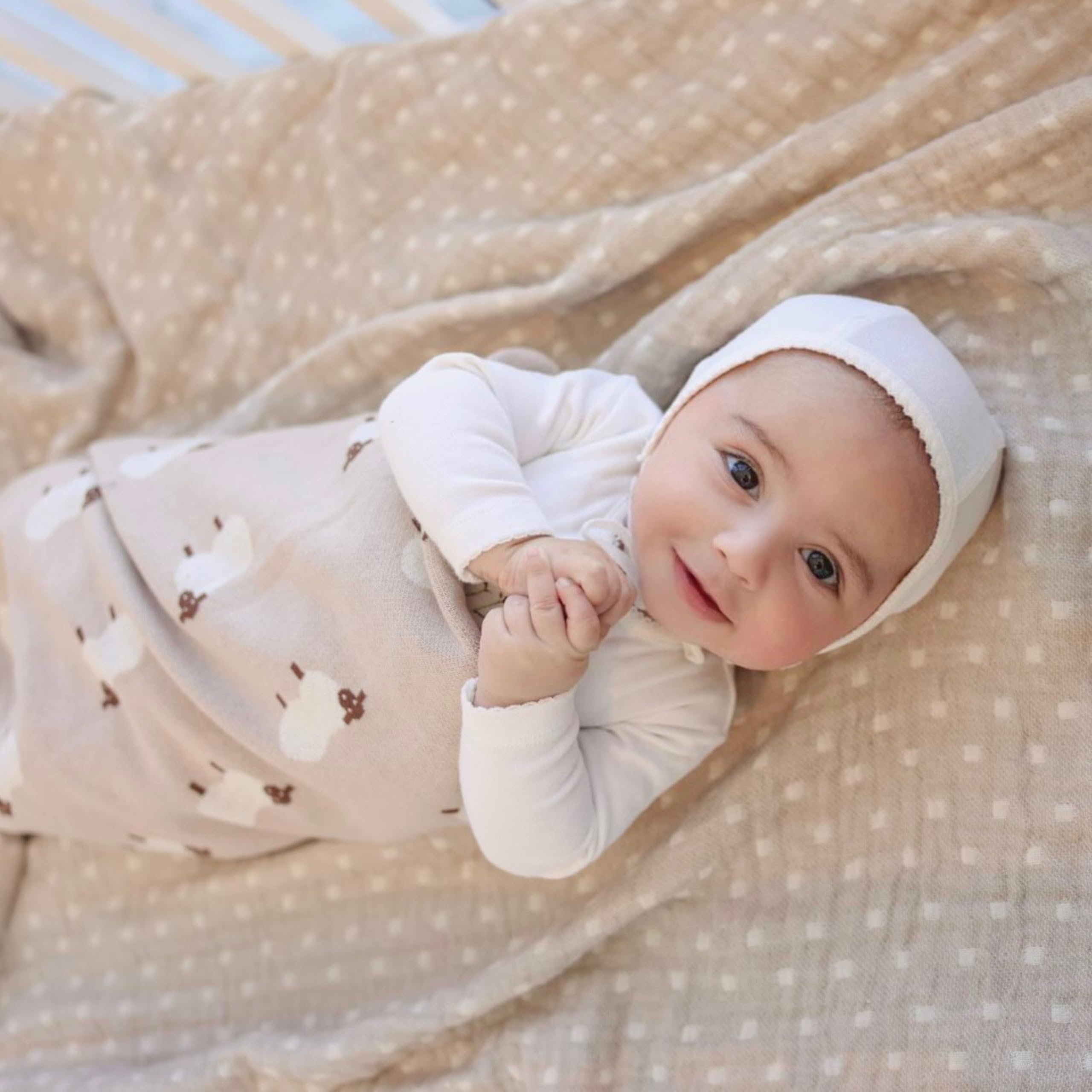 Baby Swaddle Blanket - 100% Luxury Cotton Knit Soft Cozy Lightweight Unisex Receiving Stroller Quilt Blanket for Shower Gift Registry for Newborns Infants Toddlers (Sheep - Khaki)