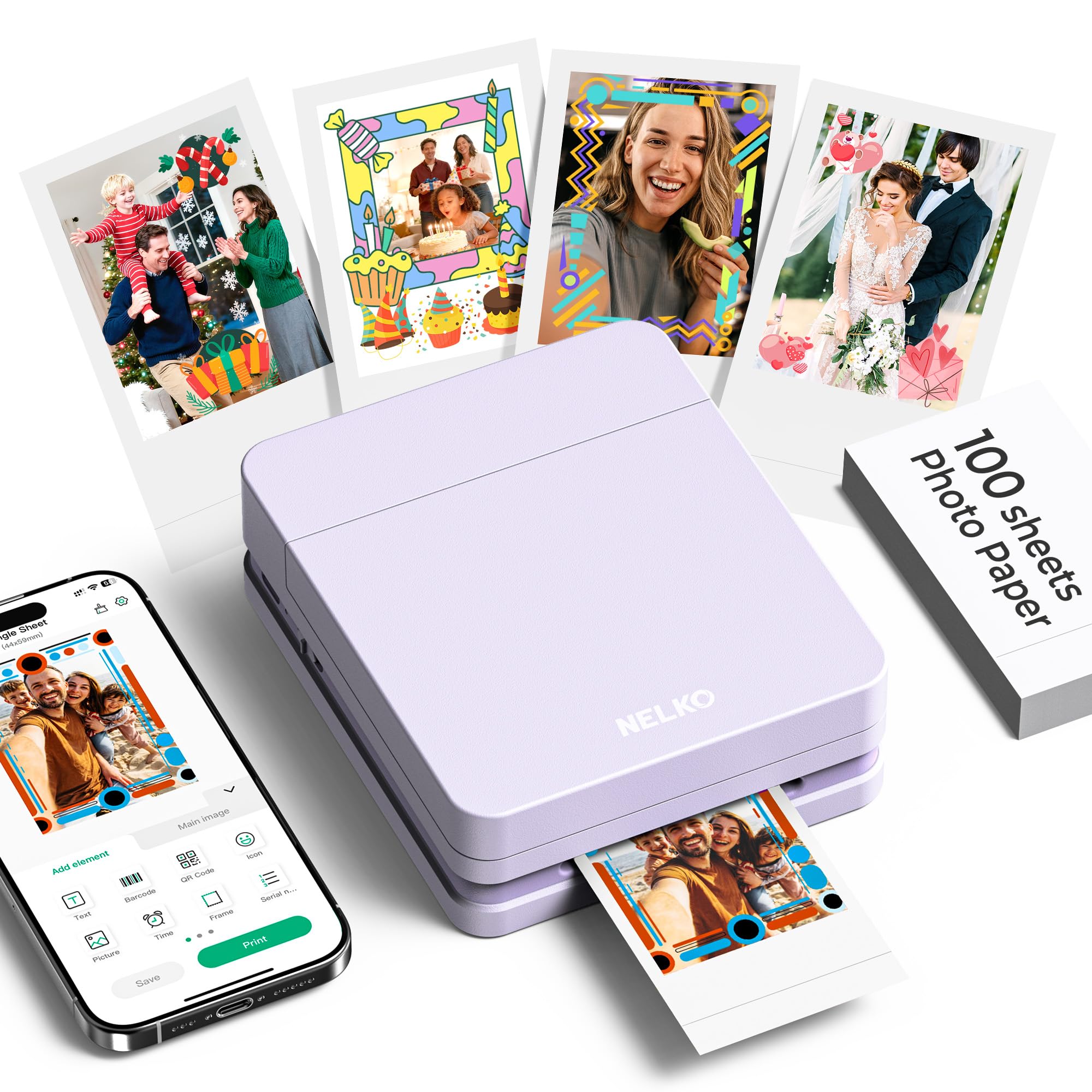 Nelko PP01 Tragbarer Fotodrucker, 100 Blatt Selbstklebendes Fotopapier,Lila | Tintenstrahl-Aufkleberdrucker kompatibel mit iOS/Android mit Bearbeitungs-App, Ideal für Partys, Reisen und Bullet Journals