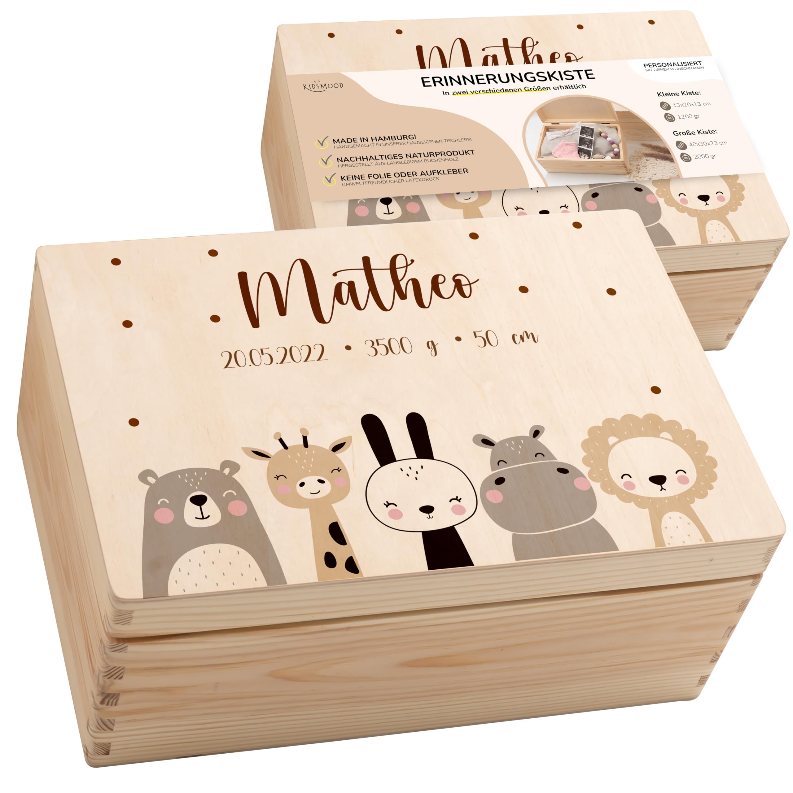 KIDSMOOD - Erinnerungsbox Baby, personalisierte Holzkiste mit Deckel, Ideal zur Aufbewahrung von Erinnerungen und als Geschenk zur Geburt, Taufe oder als Geburtstagsgeschenk für Mädchen und Jungen