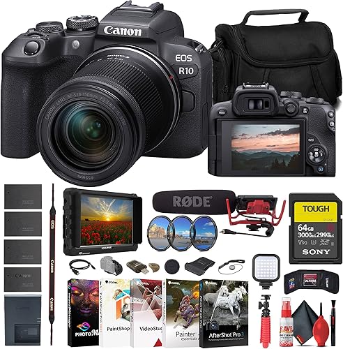 Canon EOS R10 Mirrorless Camera with 18-150mm Lens (5331C016) + 4K Monitor + Rode VideoMic + Sony 64GB TOUGH SD Card + Filter Kit + Wide Angle Lens